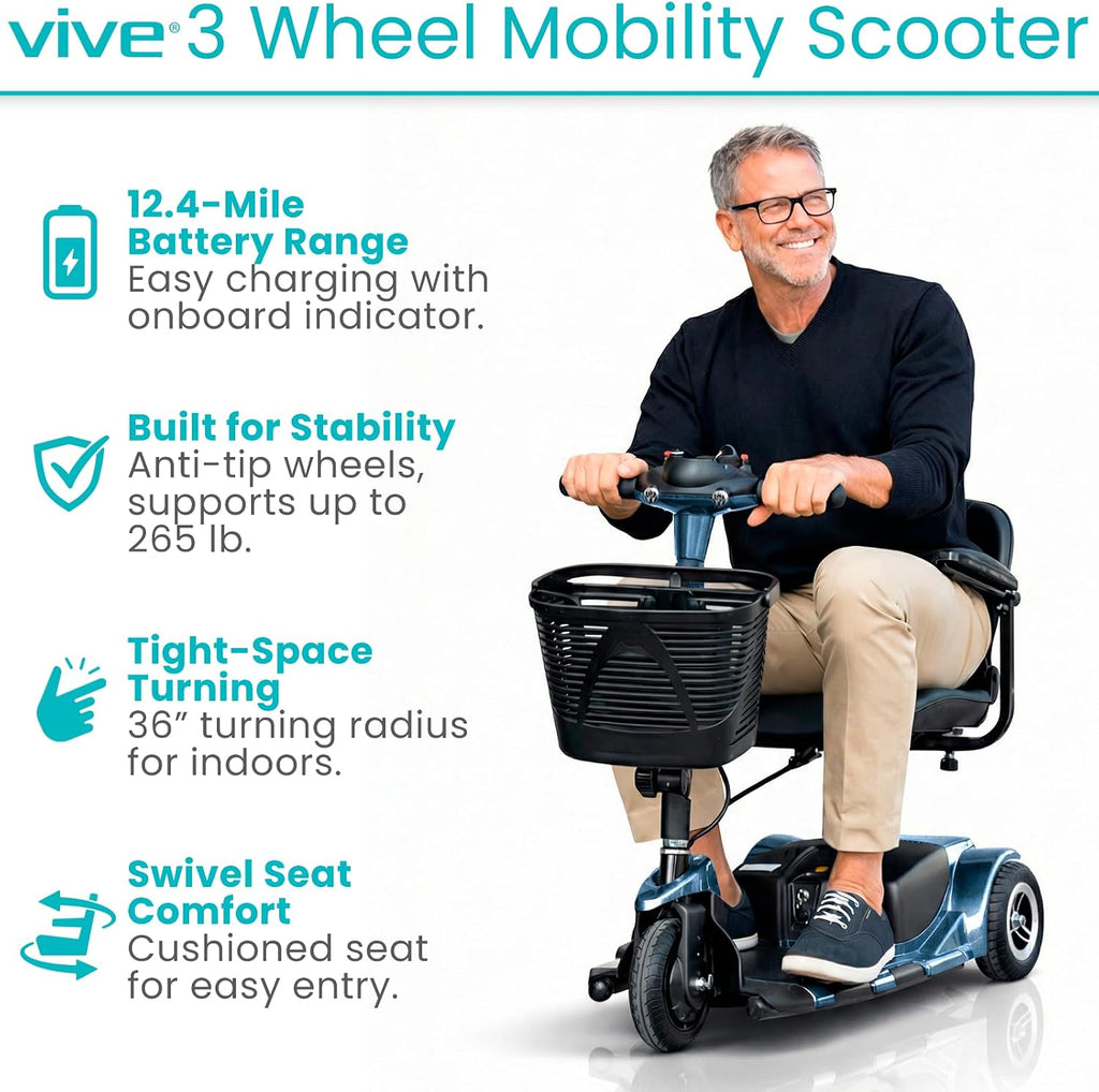 Vive 3 Wheel Mobility Scooter - Electric Powered Mobile Wheelchair Device for Adults - Folding, Collapsible and Compact for Travel - Long Range Power Extended Battery with Charger and Basket Included