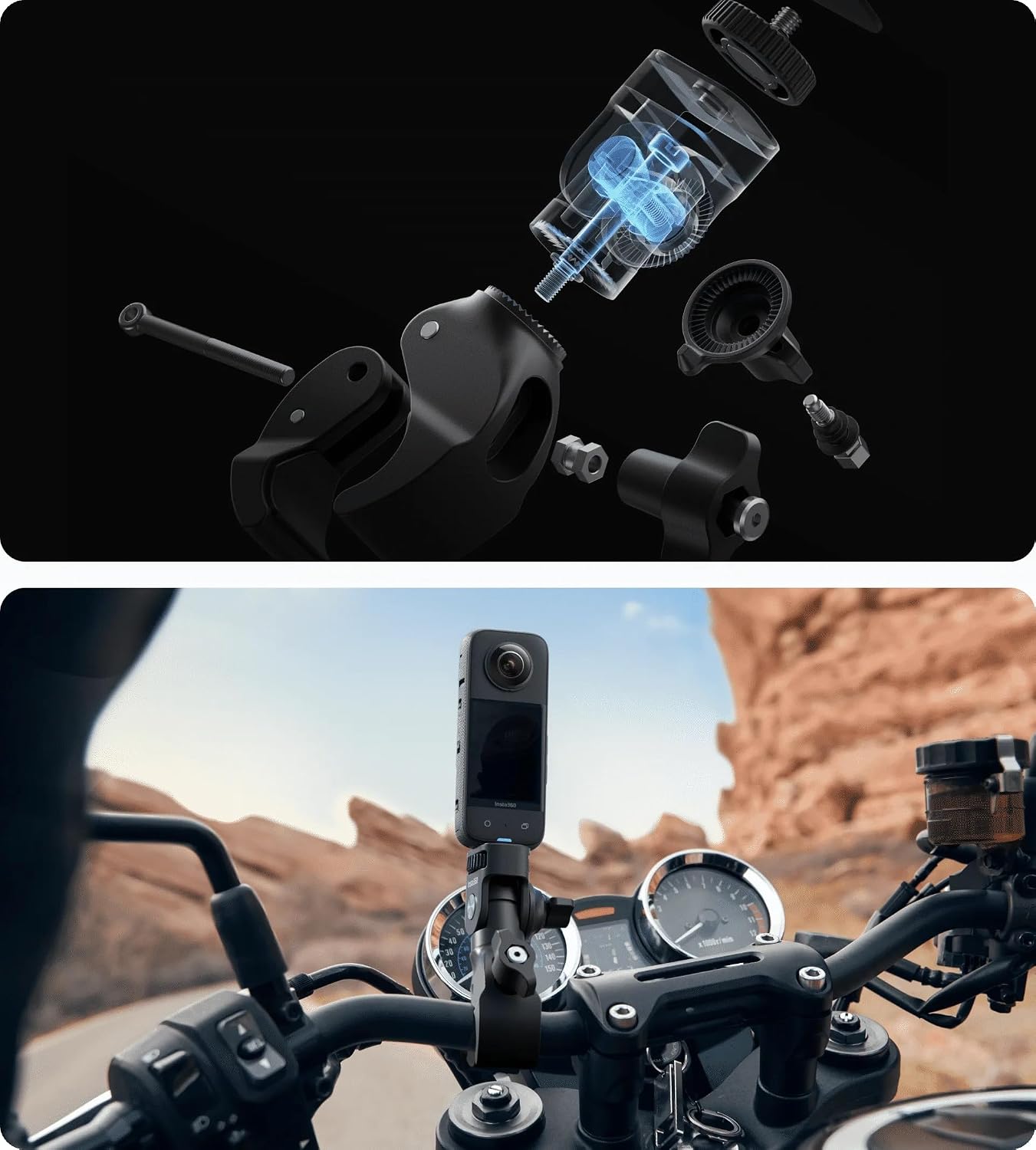 Insta360 Motorcycle Bundle New Version-Complete Mounting Kit X5/X4 Air/X4/X3/X2/Cameras | Compatible with ACE PRO2/GO 3S/Go Ultra, DJI OSMO Action 6/5/4and GoPro 13/12/11/MAX2(with Action Selfie)