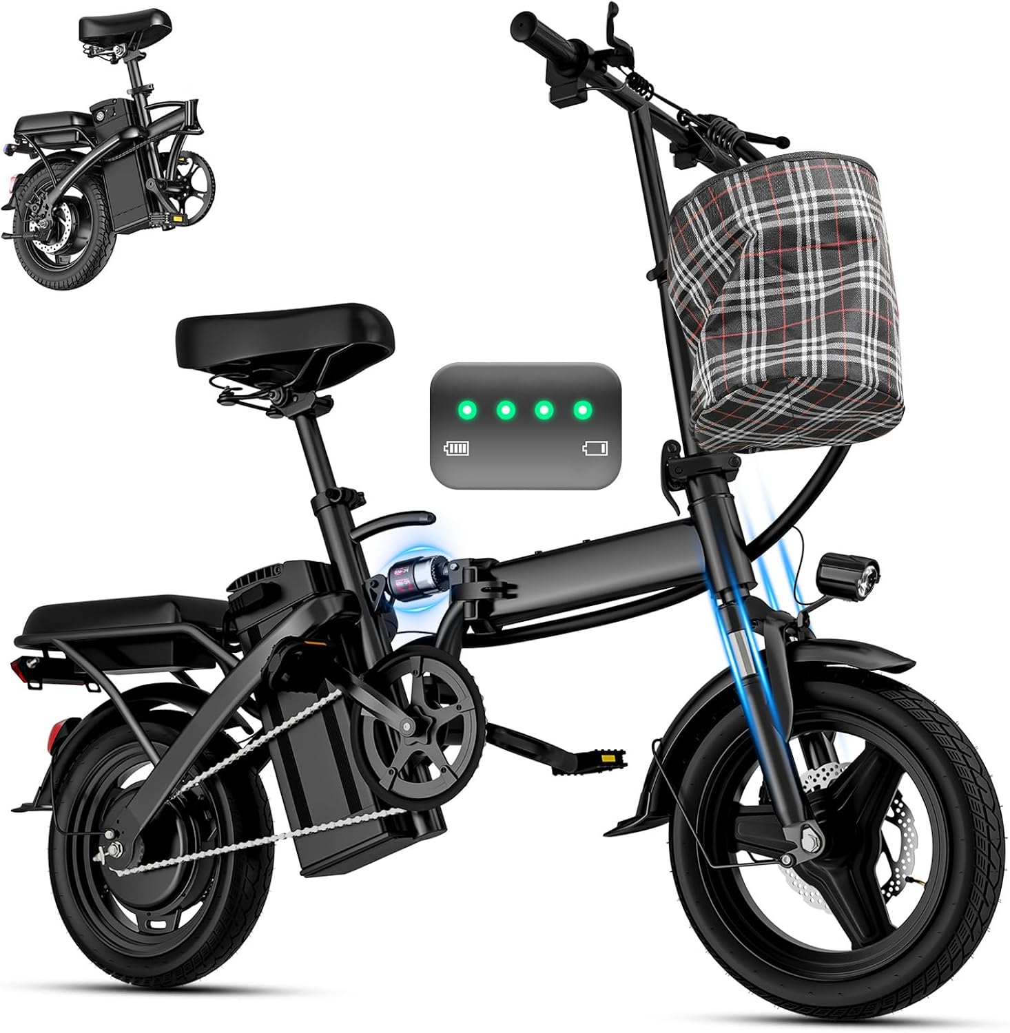 Electric Bike for Adults and Teens, 560W Motor 24MPH Compact Commuter Ebike, 48V 10Ah Battery, 32 Miles Range, 3 Shock Absorbers, 14' Mini Foldable Electric Bicycles with UL 2849 Certified
