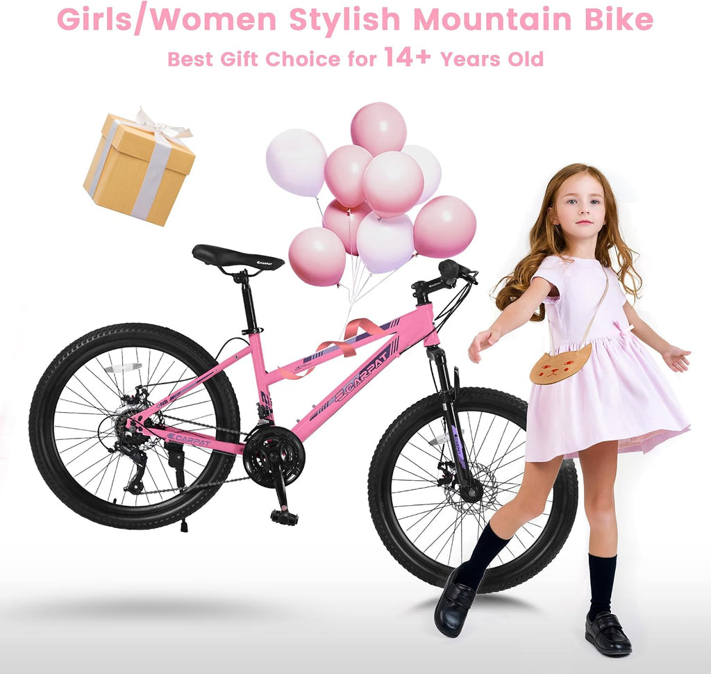 Ecarpat 24 26 Inch Mountain Bike for Girls, 21 Speeds Steel Frame Girls Bike, Front Suspension Teens Sport Bicycle for School Short Trip Camping, Summer Gift for Girls, Pink Purple White Options