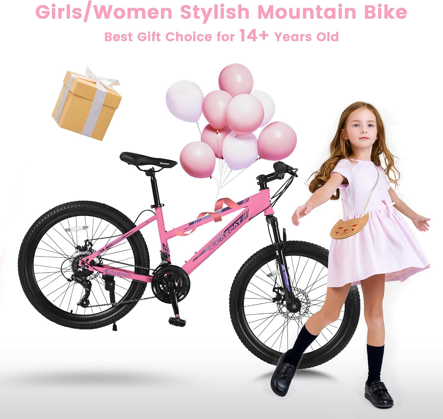 Ecarpat 24 26 Inch Mountain Bike for Girls, 21 Speeds Steel Frame Girls Bike, Front Suspension Teens Sport Bicycle for School Short Trip Camping, Summer Gift for Girls, Pink Purple White Options