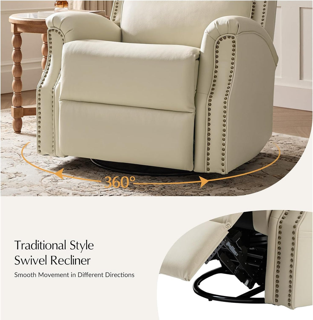 HULALA HOME Genuine Leather Recliner Chair, Swivel Rocker Chair with Thick Seat, Classic Push Back Armchair with Backrest, Nailhead Trim, Beige