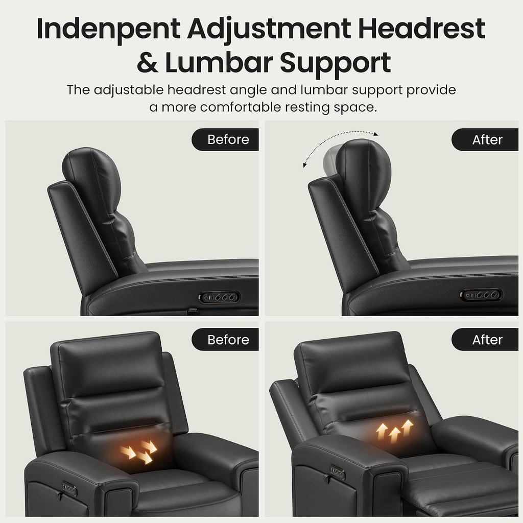 COLAMY Triple Motors Power Recliner Chair, Leather Wall Hugger Reclining Sofa for Home Theater, Nursery, Independent Headrest & Lumbar Support, Overstuffed Seating with USB Ports & LED,Black