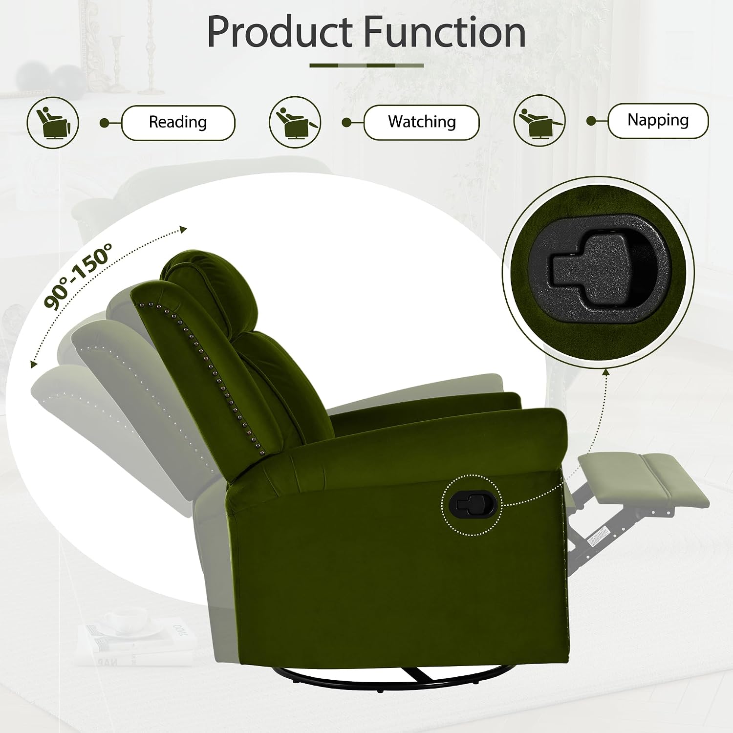 JIVOIT 360° Swivel Recliner Chair with Adjustable Backrest, Manual Rocking Recliner Home Theater Manual Recliner Chair with Metal Base and Velvet Fabric for Living Room (Green, 2)
