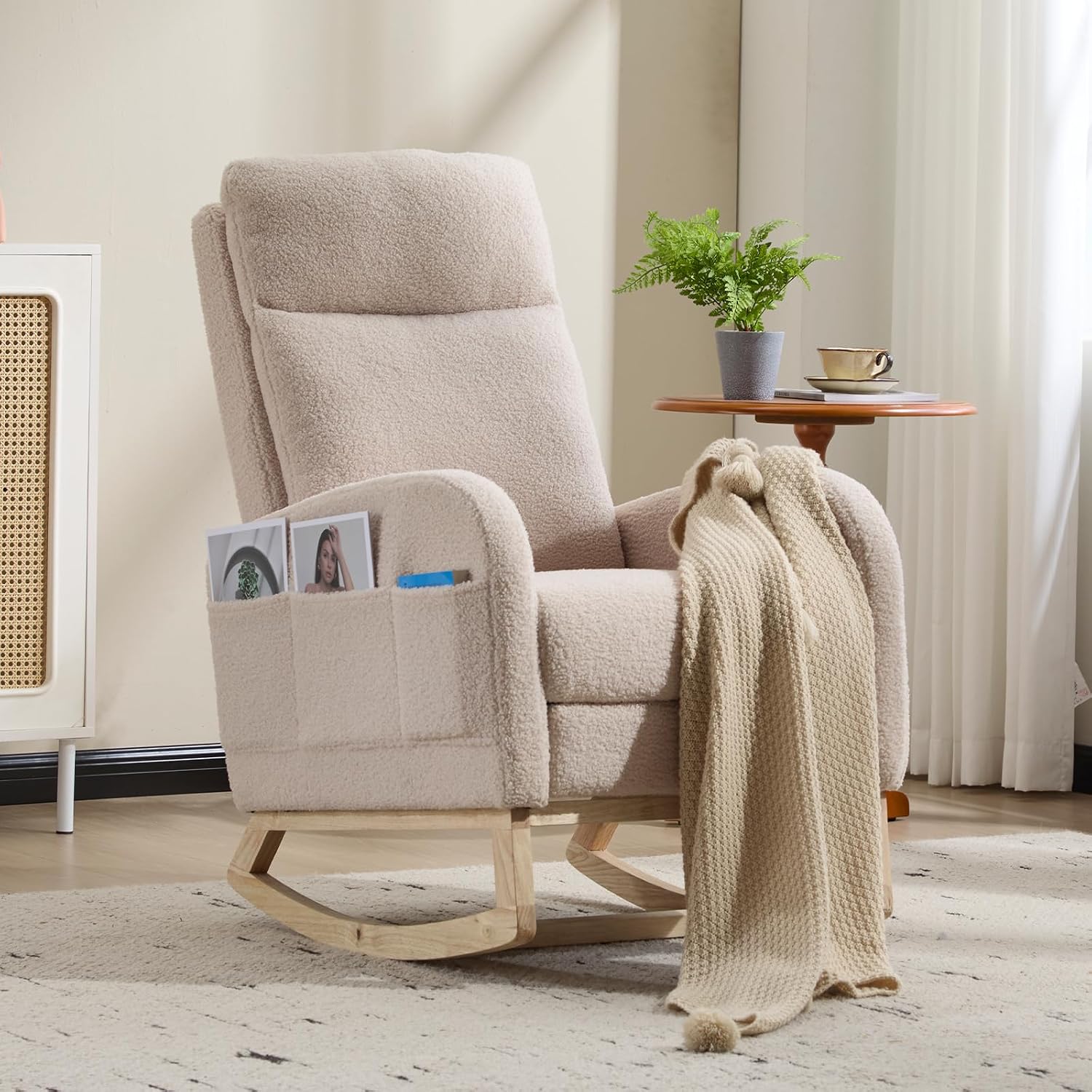 Rocking Chair Nursery with Foot Rest, Sherpa Nursing Rocking for Mom Nursery Rocker Chair with High Backrest, Armchair Rocker Glider with Side Pocket for Living Room, Bedroom, Teddy Begie