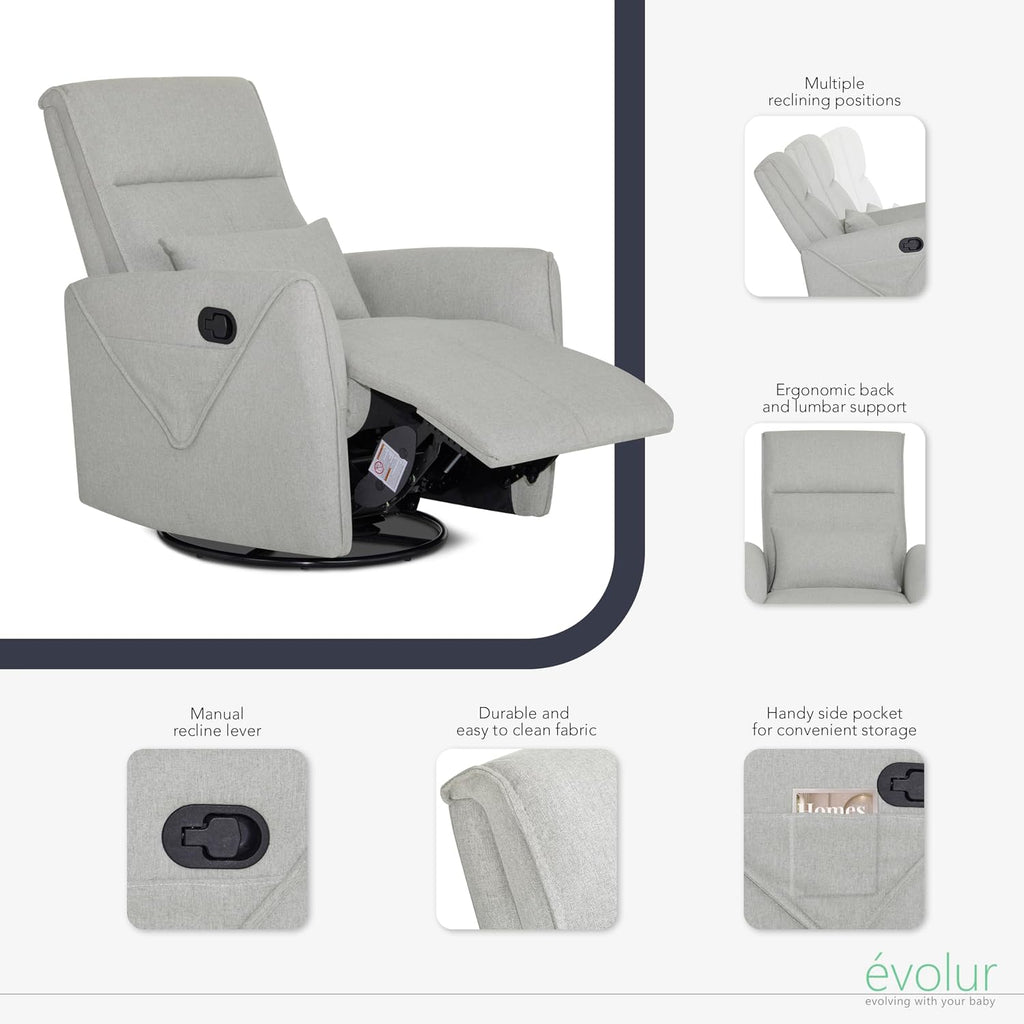 Evolur Sylas Nursery Glider Chair in Luxe Grey - Manual Recliner with 360° Swivel, Lumbar Support, Tufted Back & Side Pockets - Modern Rocking Chair for Baby Room, Nursery & Living Room
