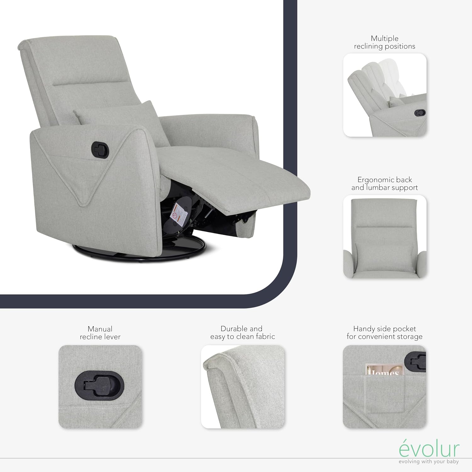 Evolur Sylas Nursery Glider Chair in Luxe Grey - Manual Recliner with 360° Swivel, Lumbar Support, Tufted Back & Side Pockets - Modern Rocking Chair for Baby Room, Nursery & Living Room