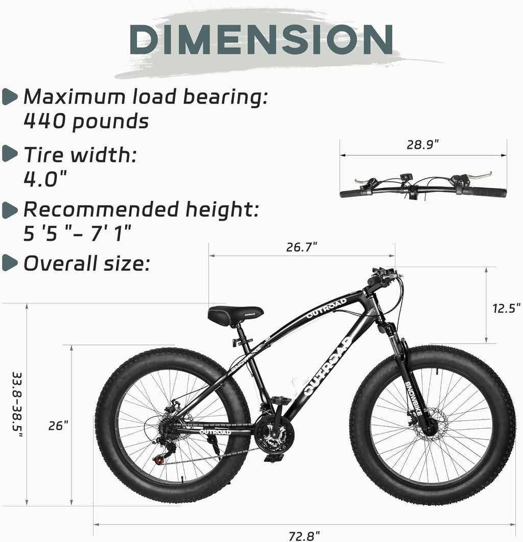Betterland Outdoor 26 Inch Wheels Fat Tire Mountain Bike, 21-Speed Bicycle with Dual Front Suspension, High Carbon Steel Frame with Double Disc Brake and Anti-Slip Bicycle for Adults