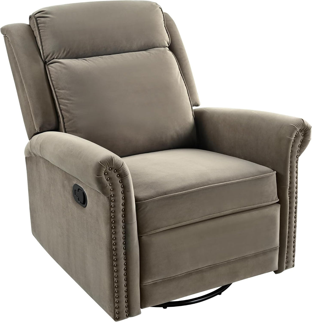 JIVOIT 360° Swivel Recliner Chair with Adjustable Backrest, Manual Rocking Recliner Home Theater Manual Recliner Chair with Metal Base and Velvet Fabric for Living Room (Light Brown, 2)