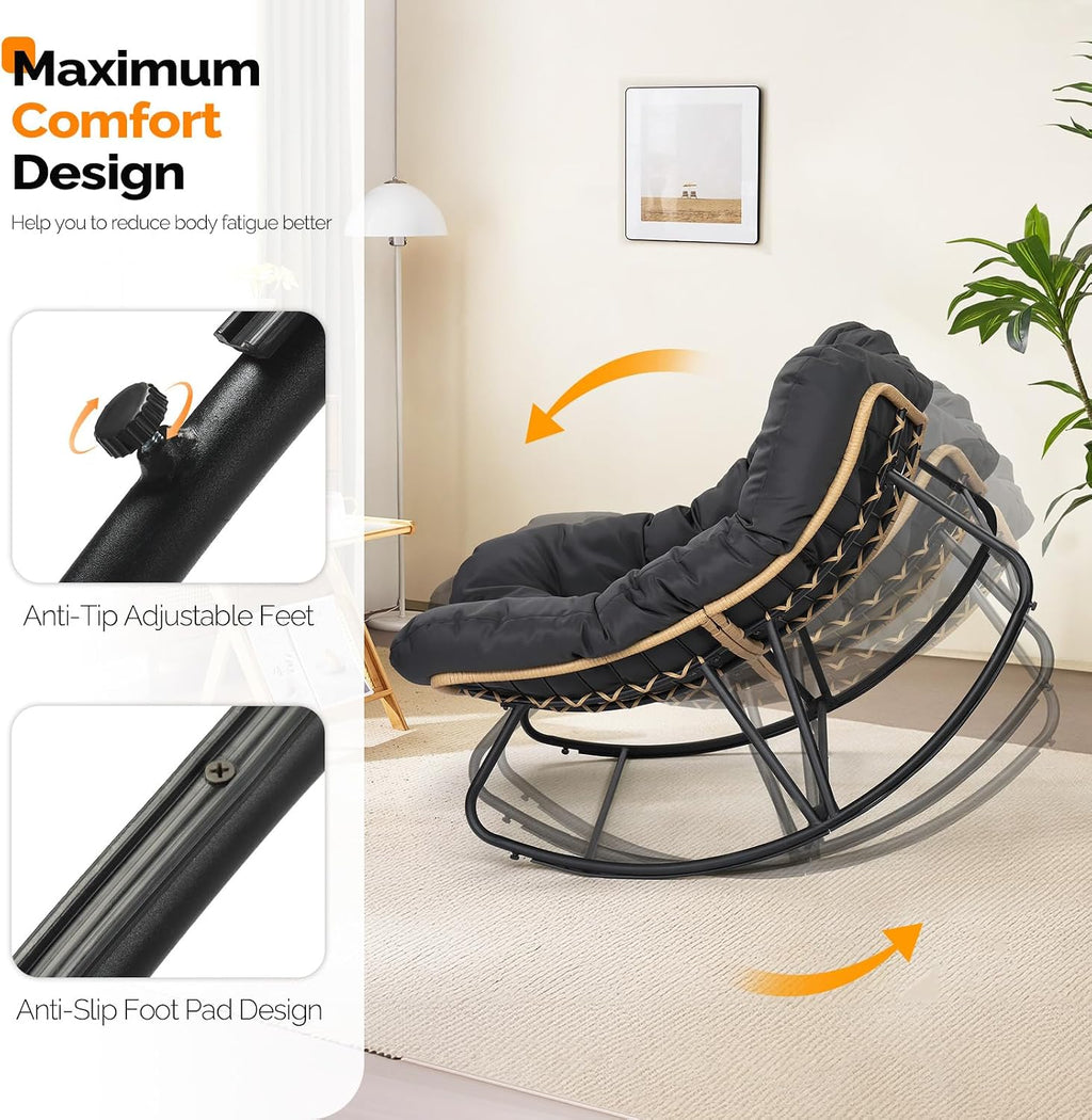 VINGLI Papasan Rocking Chair, Iron Frame Wicker Patio Chair with Thick Cushion, Indoor Outdoor Rocker for Bedroom, Porch, Garden, Grey