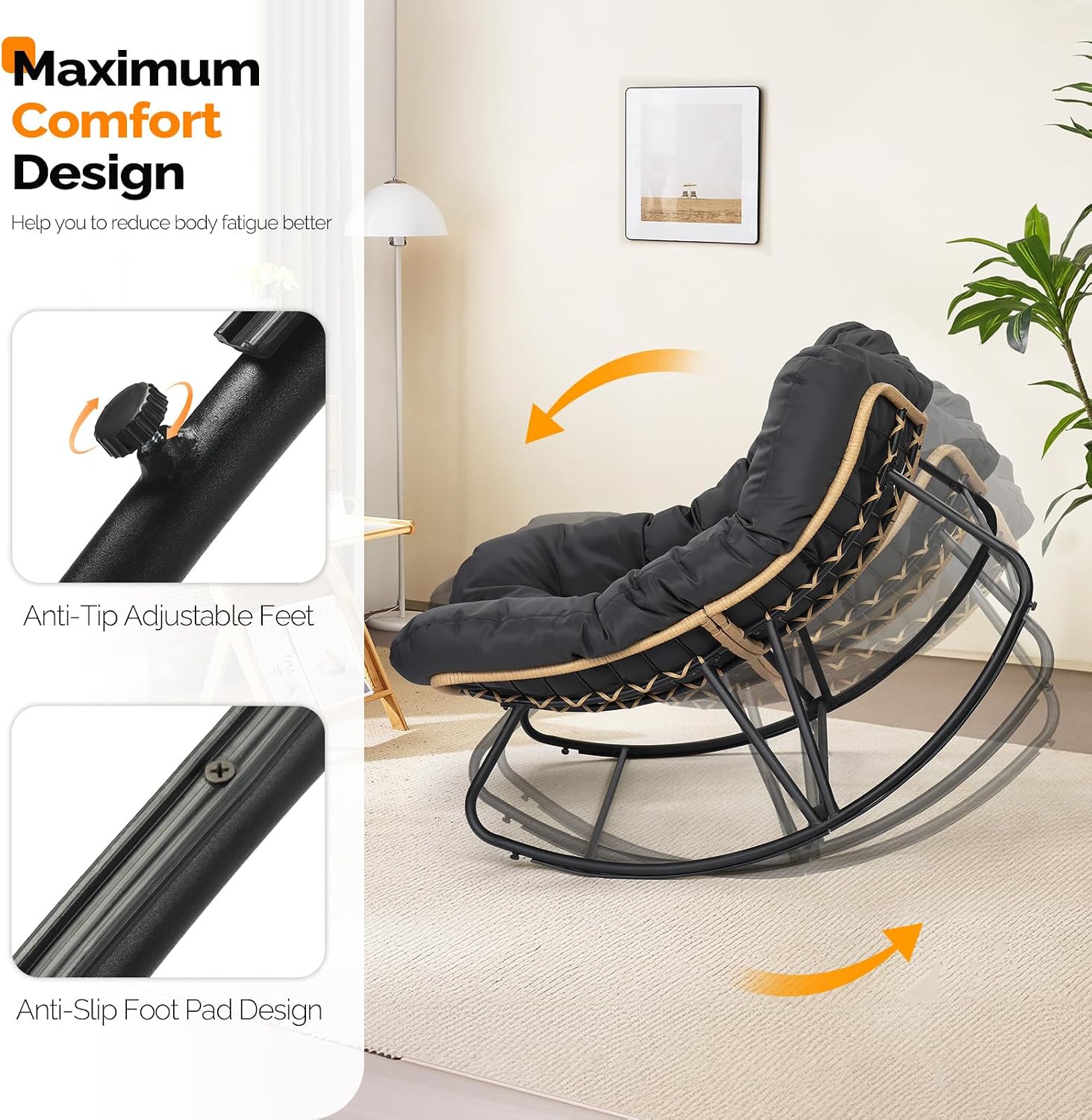 VINGLI Papasan Rocking Chair, Iron Frame Wicker Patio Chair with Thick Cushion, Indoor Outdoor Rocker for Bedroom, Porch, Garden, Grey