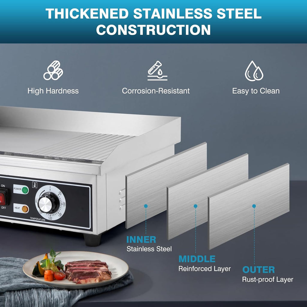 IRONWALLS Electric Griddle Nonstick 22 Inch, Stainless Steel Commercial Griddle for Indoor & Outdoor, 2-IN-1 Half Flat Top Griddle Grill for Restaurant & Home, 122℉-572℉ Adjustable Temperature