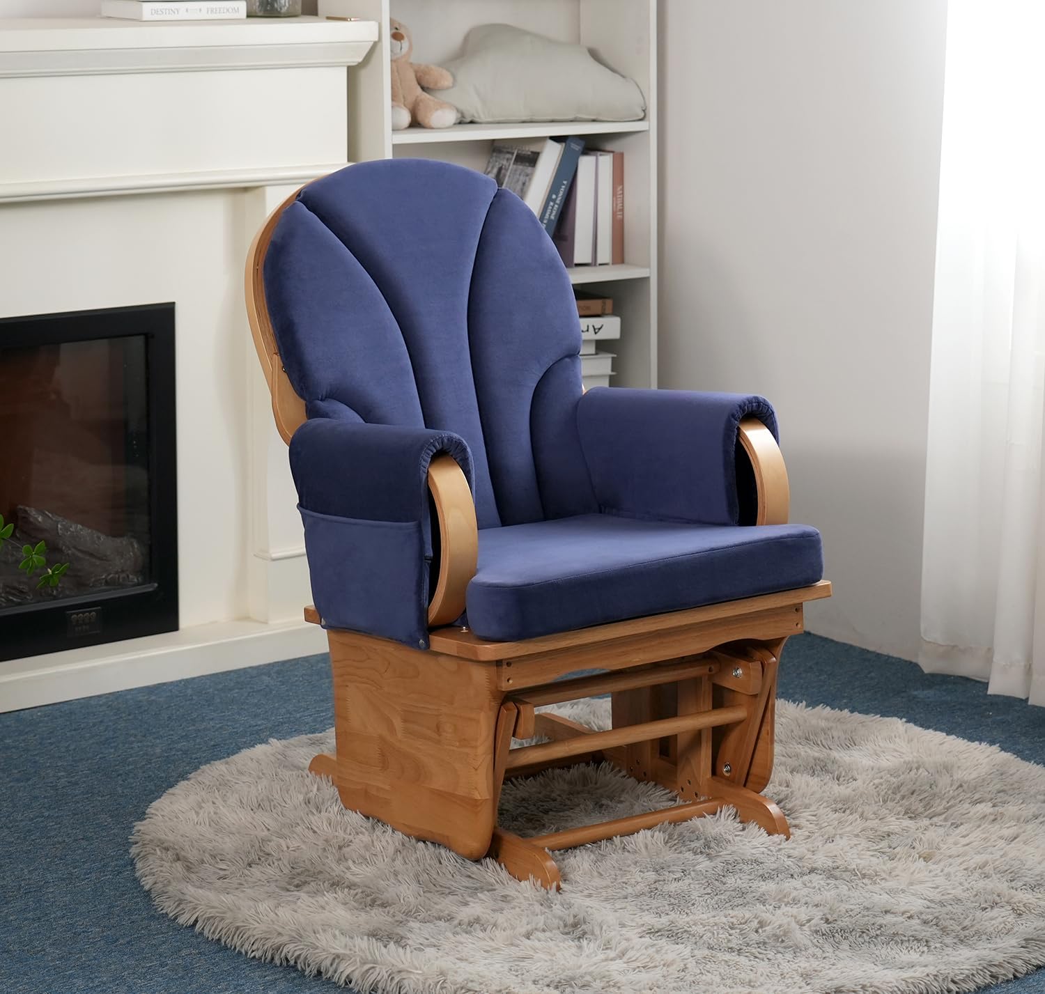 Wood Base Glider Rocker Chair, Nursery Rocking Chairs with Velvet Fabric, Silent Swing Solid, Easy to Assemble for Nursery (Beech Wood Blue)