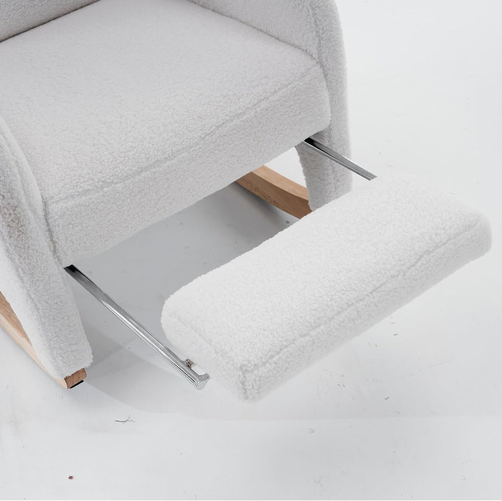 LUMISOL Rocking Chair with Adjustable Footrest, Soft Teddy Fabric Rocking Chair with Pocket for Nursery, Comfy Wing-Back Glider Rocker with Solid Wood Base for Living Room Bedroom Balcony, Ivory