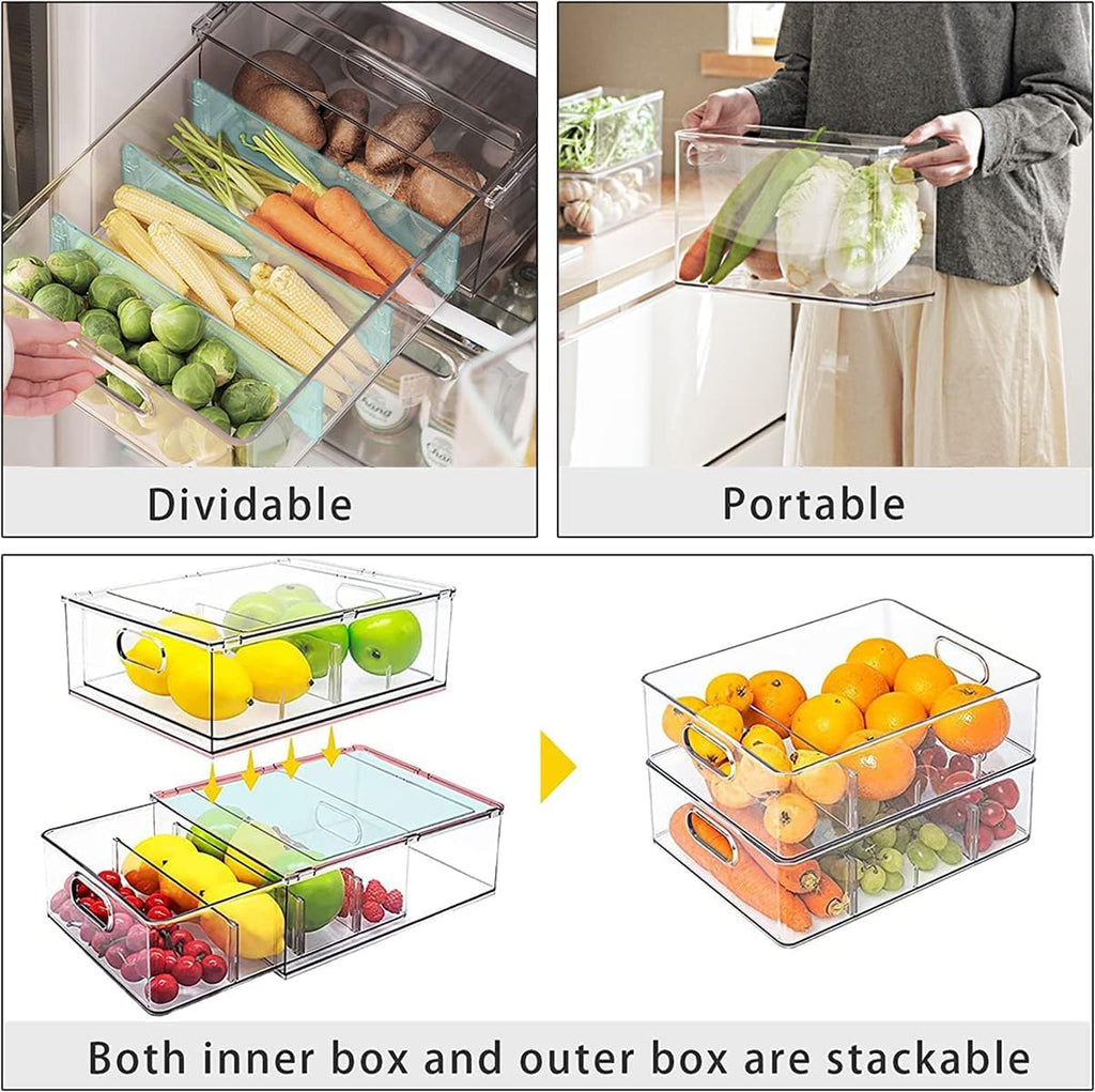 9 Pack Stackable Refrigerator Organizer Bins Pull-Out Drawers for Fruit and Veggies Storage Organizer for Fridge Clear Drawer Containers with Handle Divided Organization for Produce Saver