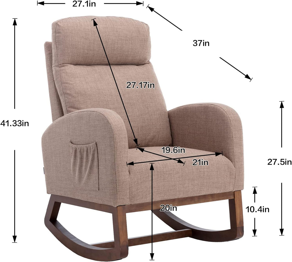 Modern Rocking Chair with Breathable Yellow Linen & Solid Wood Legs - Recliner Glider Armchair Featuring Side Pocket, High Back Support for Nursery, Living Room, Bedroom (Camel)