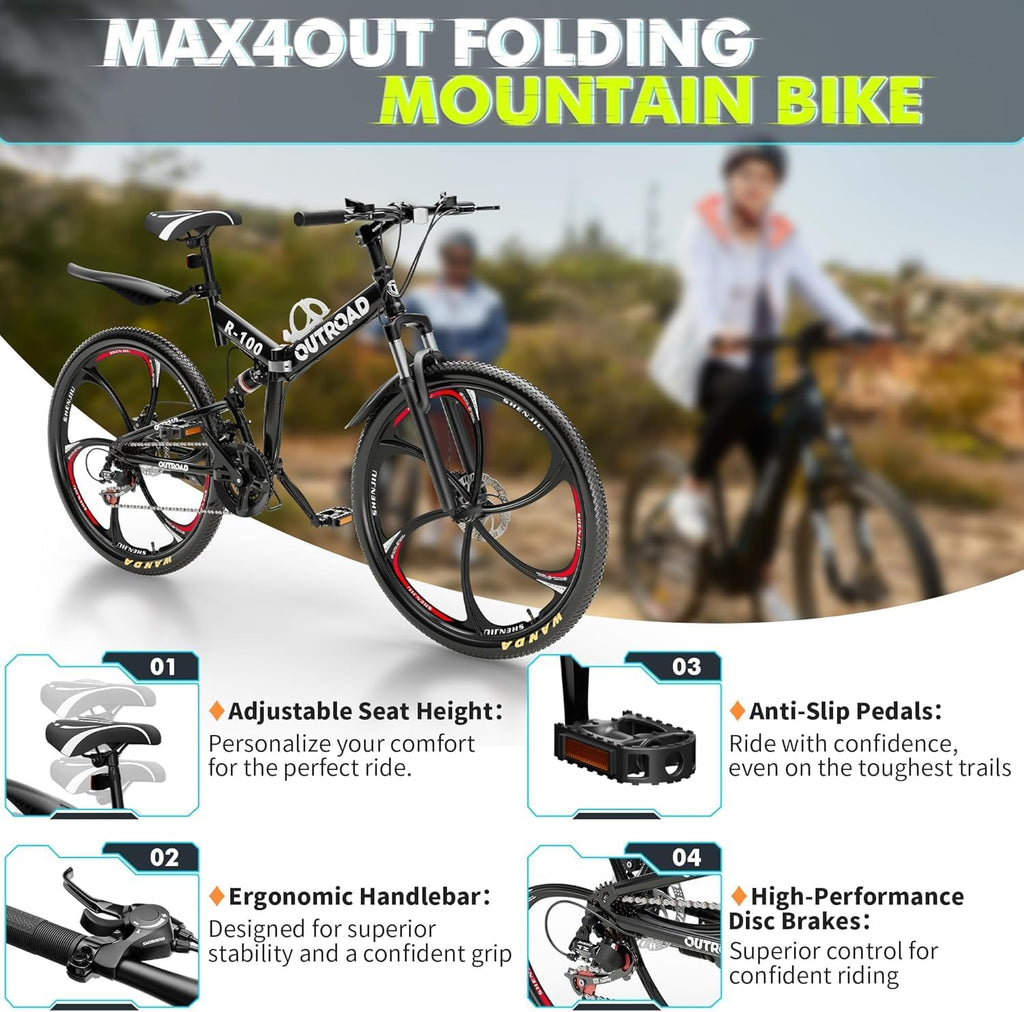 Outroad 26 Inch Mountain Bike, 21-Speed/High-Carbon Steel/Aviation Grade Frame, Dual Disc Brake, Adjustable Ergonomic Seat Bicycle for Men Women Adult, Quick Assembly in 20 Minutes Black