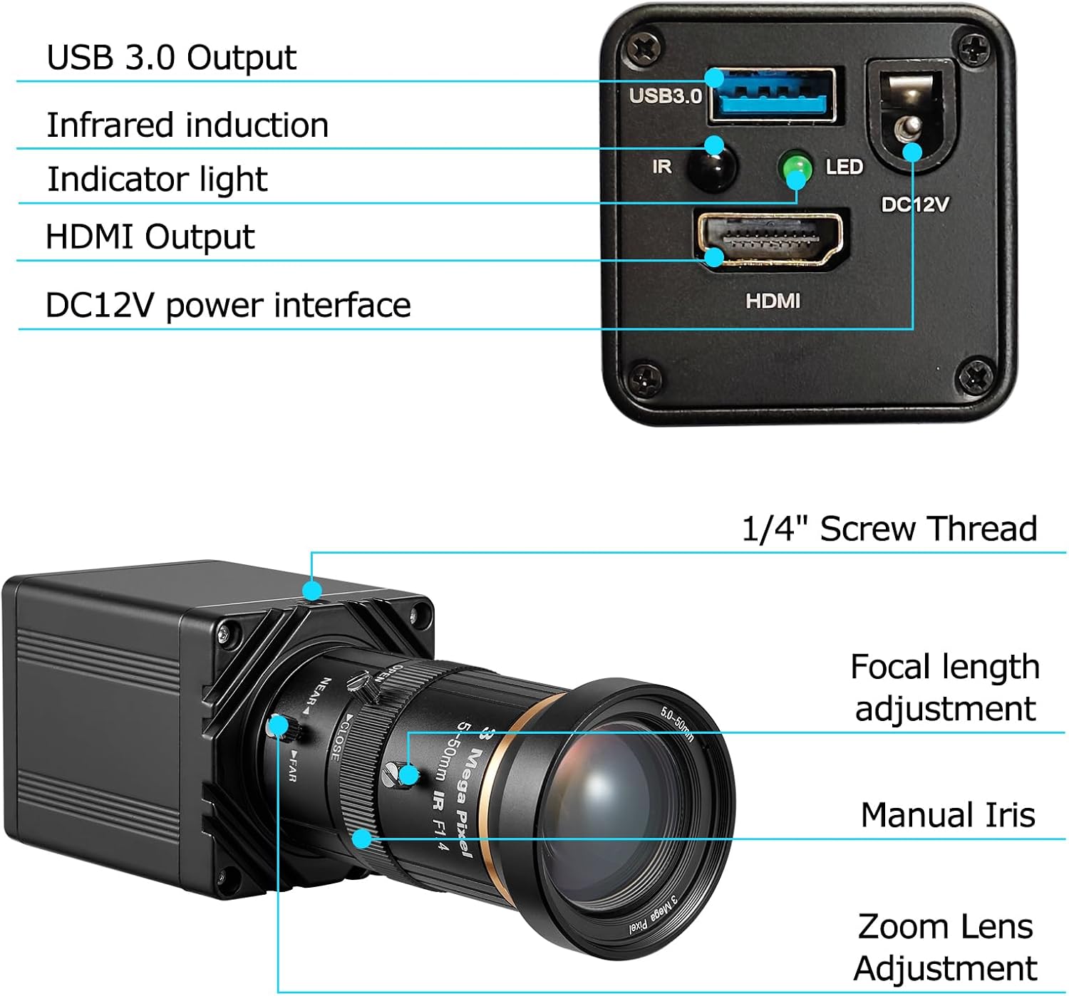 HDMI USB3.0 Dual Output HD 4K30fps Digital Security Camera, Industry Digital C-Mount with Manual 5-50mm Varifocal HD Lens, OSD Menu via Remote Controller