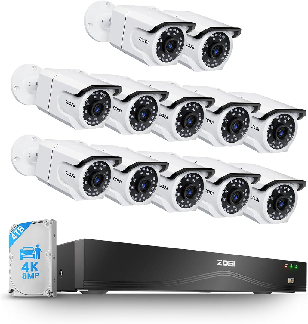 ZOSI 32CH 4K PoE Security Camera System, 12pcs 8MP Outdoor Indoor Cameras with Audio, Person/Vehicle Detection, Dual Disk Backup, H.265+ 16Port 32-Channel NVR with 4TB HDD for Business 24/7 Recording