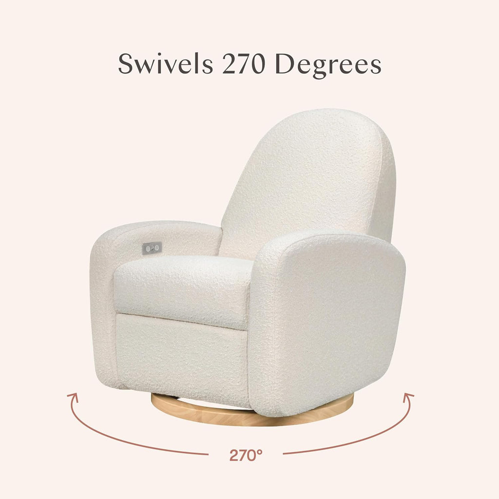 Babyletto Nami Electronic Power Recliner and Swivel Glider with USB Port in Ivory Boucle with Light Wood Base, Greenguard Gold and CertiPUR-US Certified