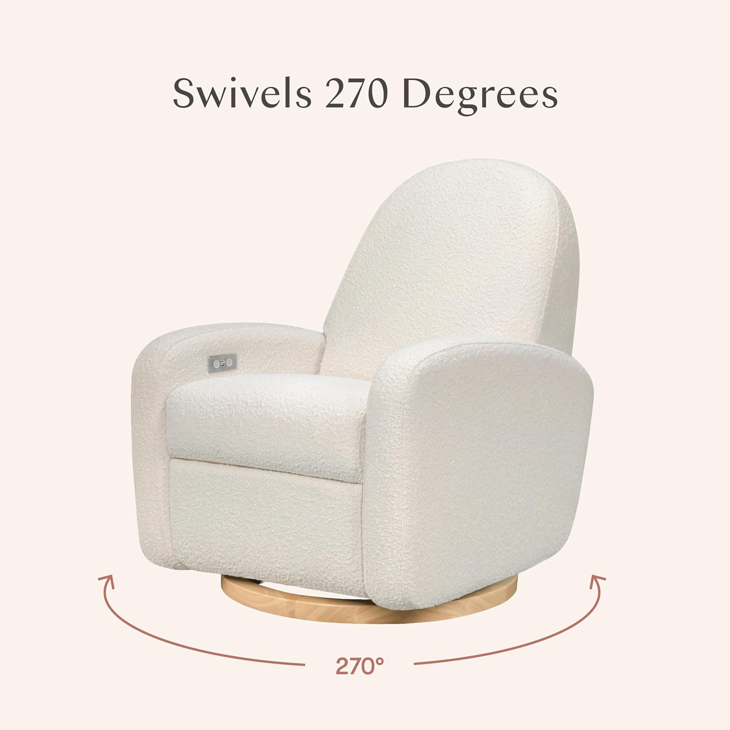 Babyletto Nami Electronic Power Recliner and Swivel Glider with USB Port in Ivory Boucle with Light Wood Base, Greenguard Gold and CertiPUR-US Certified