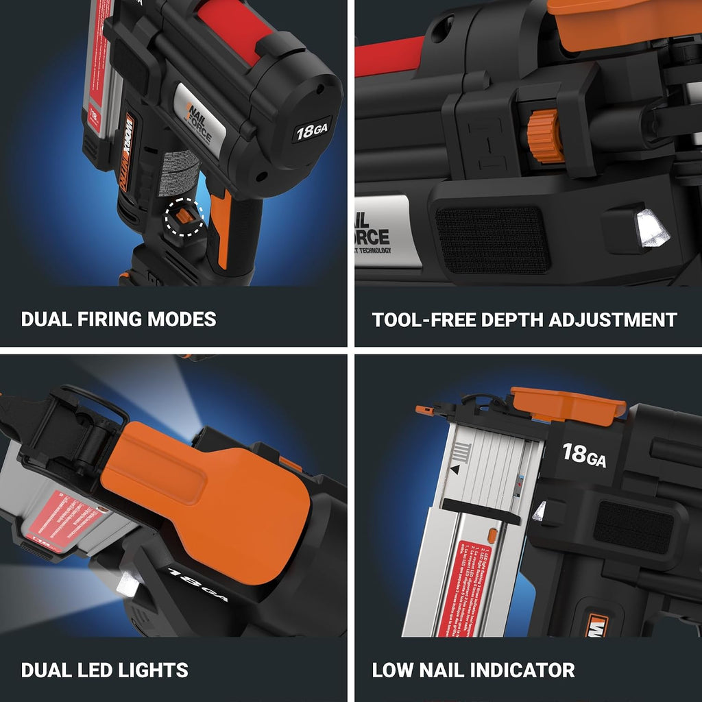 Worx Nitro 20V 18GA Brad Nailer Cordless Fires 80 Nails Per Minute, Cordless Nail Gun Anti-Ejection, Nail Gun Battery Powered Tool-Free Jam Release WX842L.9 Power Share – Tool only