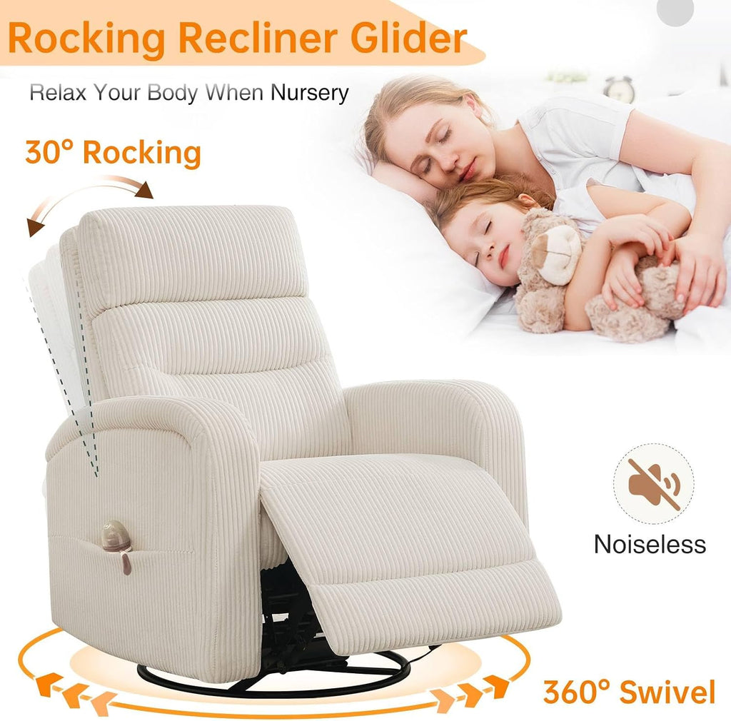 Swivel Rocker Recliner Glider Rocking Chair for Nursery, Corduroy Recliner with Chunky Cushion, Manual Swivel Recliner Chair for Living Room, Bedroom, Nursery(White)