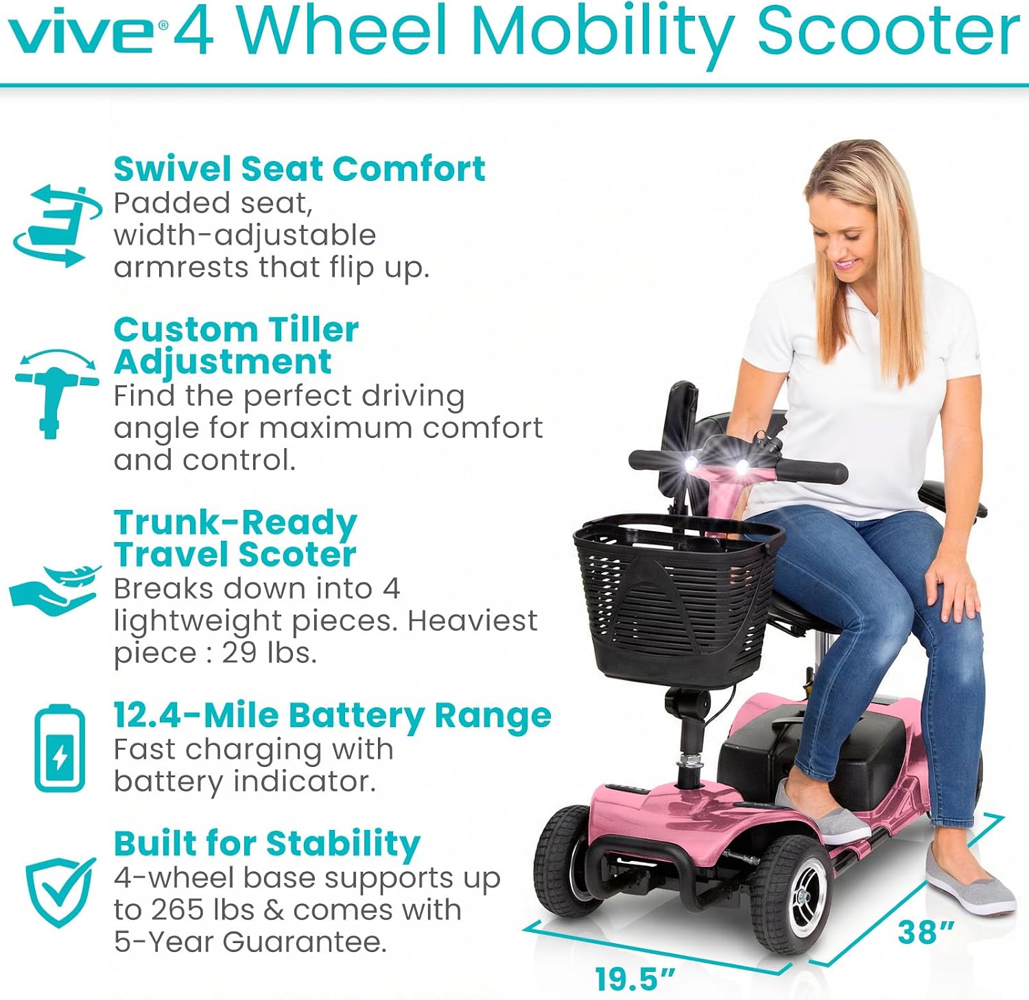 Vive 4 Wheel Mobility Scooter - Electric Powered Wheelchair Device - Compact Heavy Duty Mobile for Travel, Adults, Elderly - Long Range Power Extended Battery with Charger Included (Limited Edition)