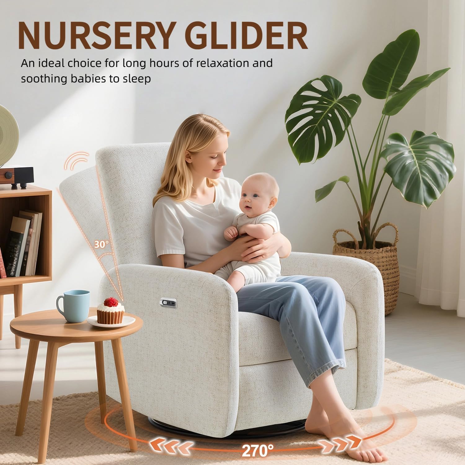 Power Recliner Chair, Swivel Rocker Recliner with USB A/C Charging Ports & Smooth Swivel Motion, Chenille Upholstered Rocking Chair for Nursery,Living Room, Bedroom, 1PC, Cream