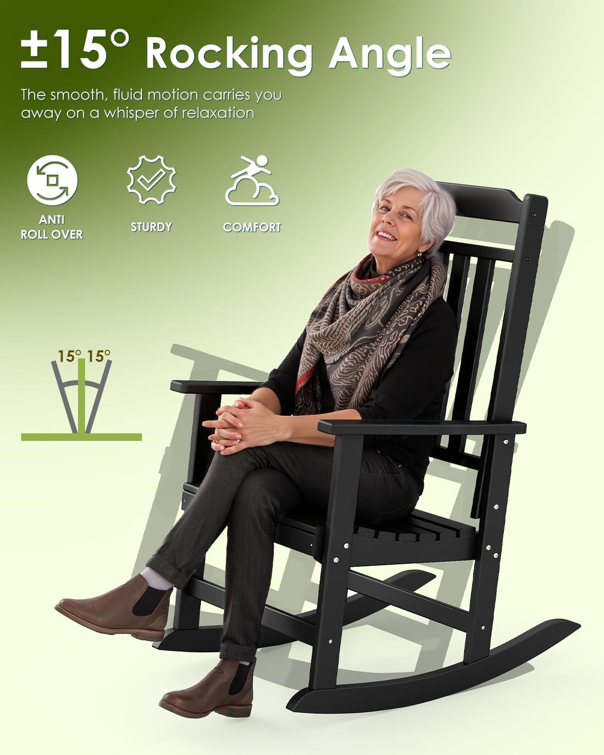 GREENVINES Outdoor-Rocking-Chairs-Set-of-2 | HDPE Plastic | Patio Rockers | Porch Rocker Chair | Oversized | High Back | Big & Tall | Black