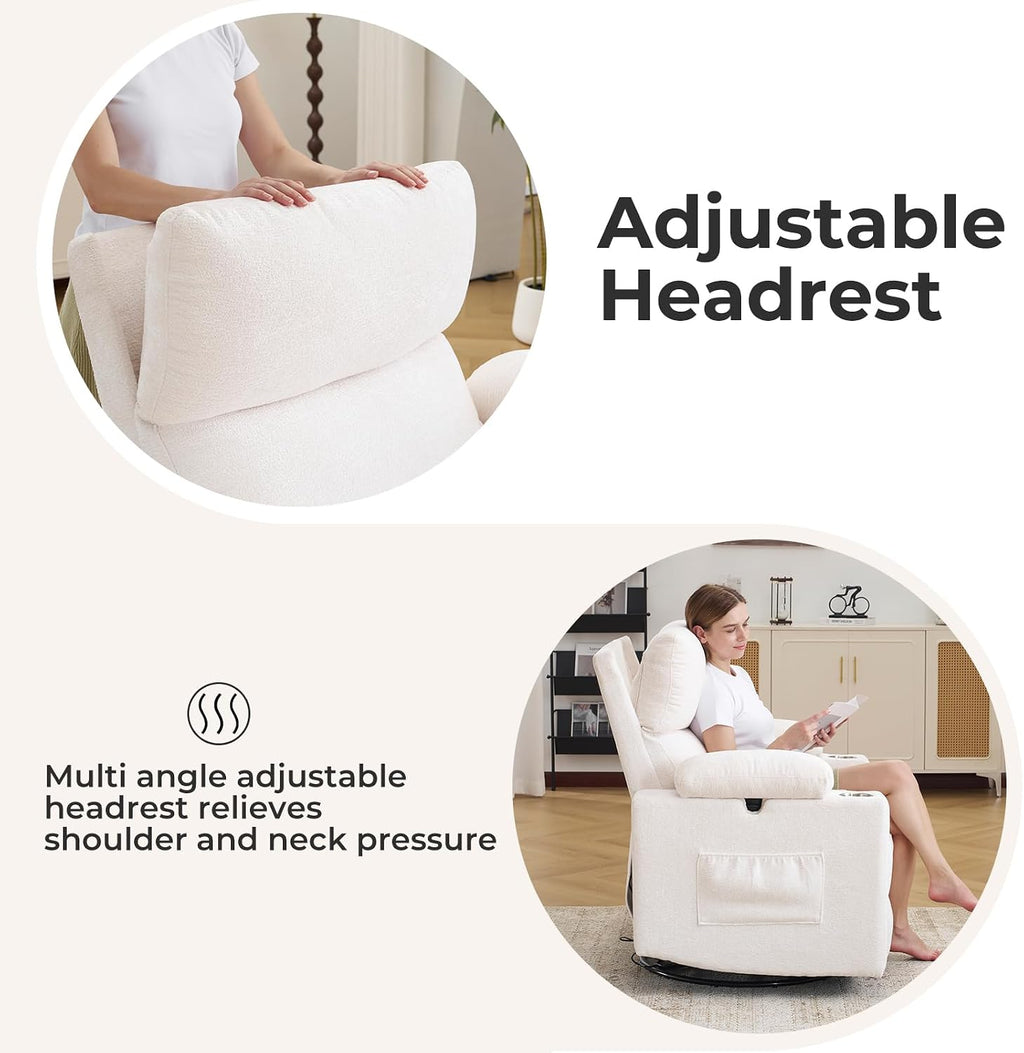 Rocking Chair Nursery with Adjustable Armrests, Electric Glider Recliner Nursing Chair for Breastfeeding, Power Swivel Recliner Chairs with Massage and Heat, Adjustable Headrest , FSC Certified, White