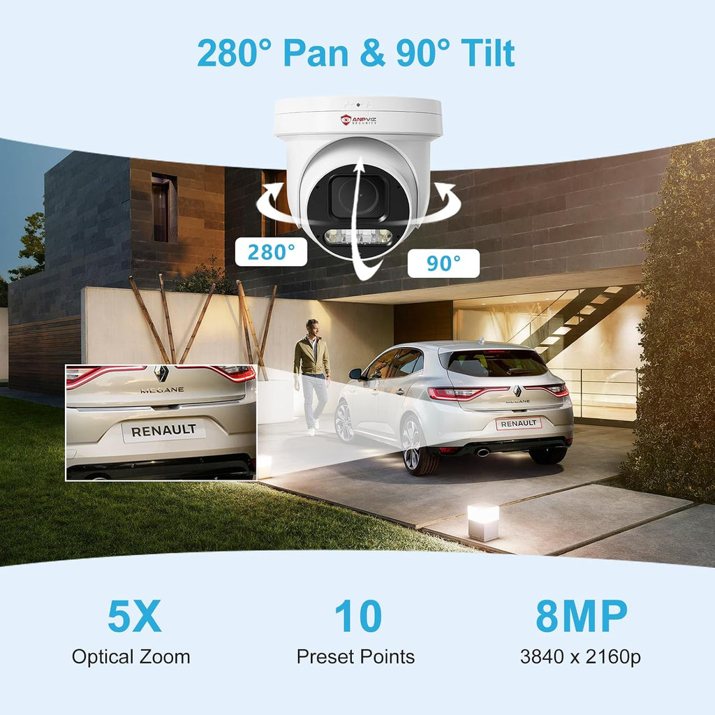 Anpviz 4K 8MP PoE PTZ Camera Outdoor, 5X Optical Zoom 2.7~13.5mm Lens, Pan 280° Tilt 90° IP Security Camera Human Vehicle Detection, Spotlight&Sound Alarm, 2 Way Talk, PTZIP30A80WD-SA-5X (U Series)