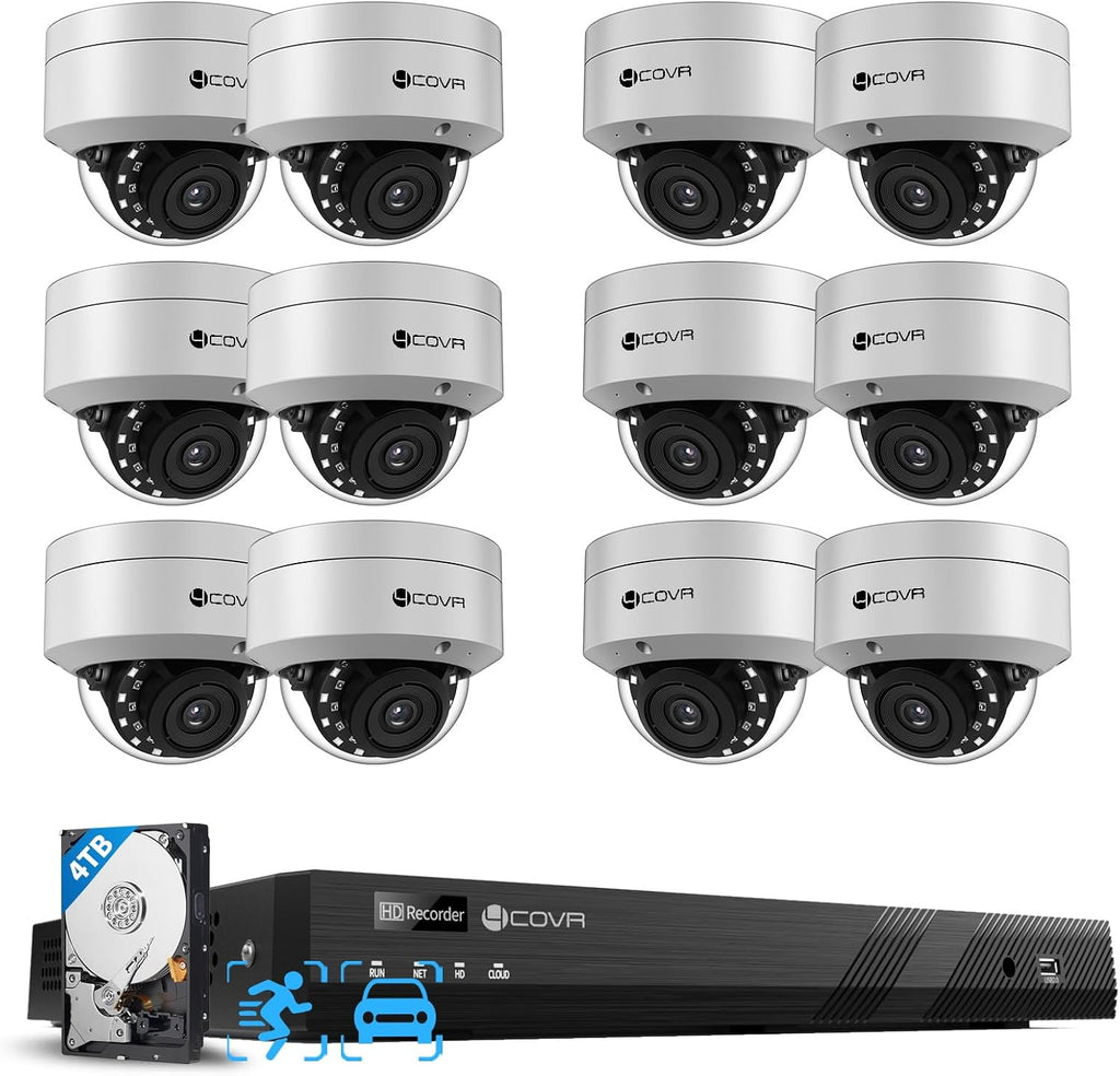 4COVR 16 Channel PoE Security Camera System AI Human/Vehicle Detection, 12Pcs IK10 Vandal-Proof 5MP Wired Commercial Dome IP Camera IP67, 16CH 4K NVR 4TB, Business Surveillance Outdoor, LY54AX5M1612