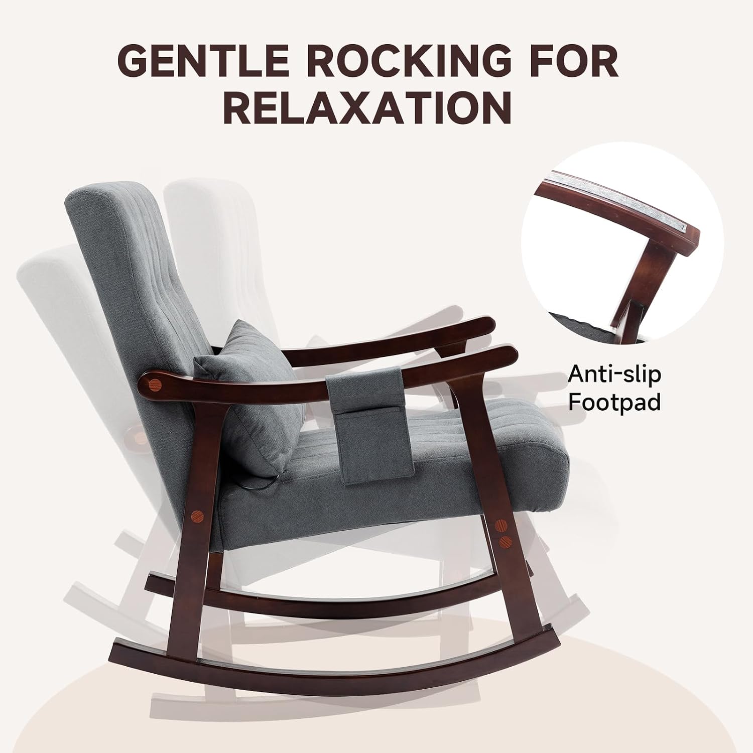 AVAWING Upholstered Rocking Chair, Small Fabric Glider Rocker with 2-Point Massage Lumbar Pillow and Solid Wood Legs, for Bedroom and Living Room, Dark Grey