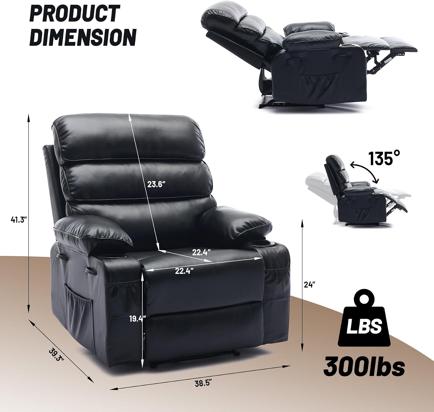 PU Leather Extra Wide Manual Recliner for Adults with Massage and Heat, Large Lazy Chair with 1.5X Sponge Comfort Arm and Back for Living Room, Bedroom