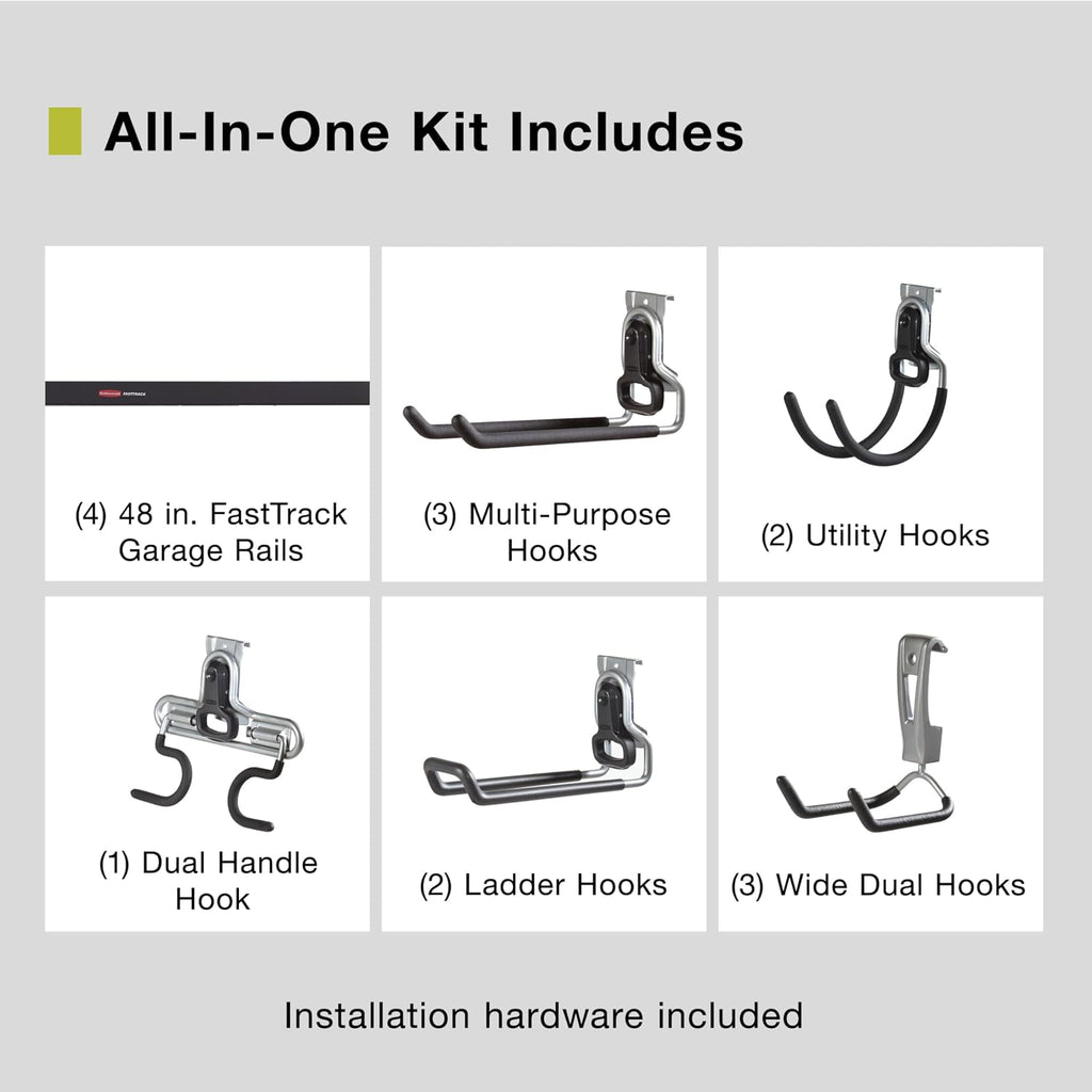 Rubbermaid 15-Piece FastTrack Garage Wall-Mounted Storage Kit, 4 Rails and 11 Hooks, for Home/House/Tool/Sports/Equipment/Utility Purposes