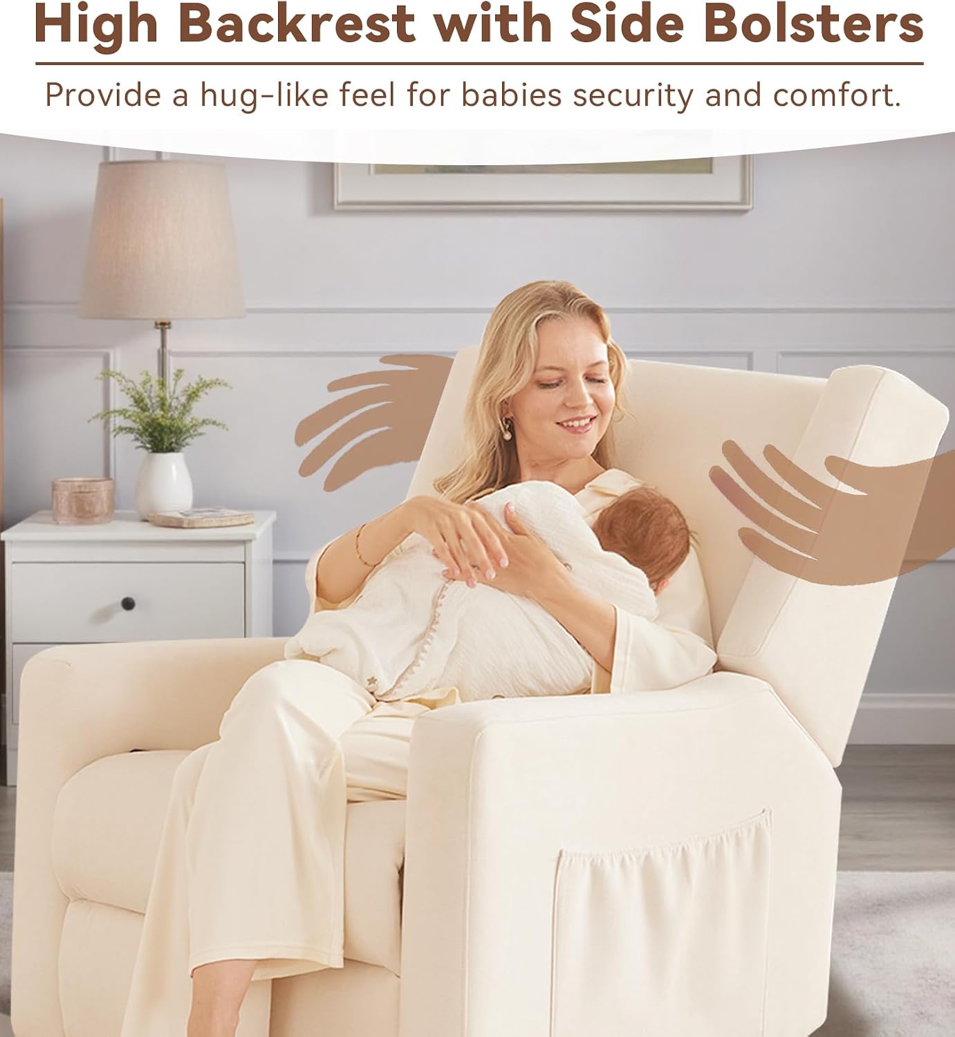 Tbfit 360° Swivel Recliner Chair, Nursery Rocking Chair with Lumbar Support & Footrest for Bedroom, Comfy Upholstered Armchair with Pillows & Storage Bag for Living Room (Beige, Hidden Ring Handle)