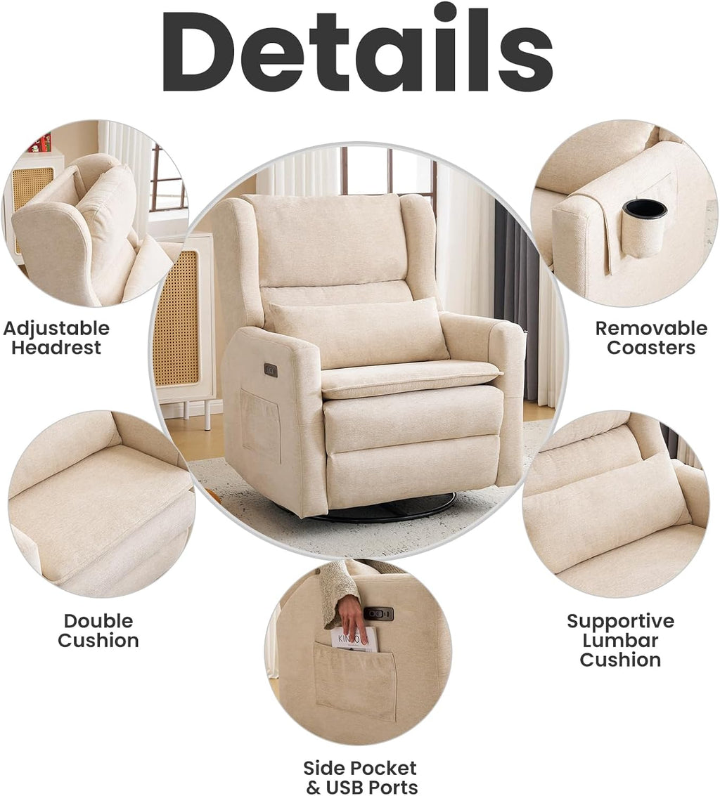 Oversized Swivel Rocker Recliner with Adjustable Headrest, 26' Extra Wide Glider Recliner Nursery Chair with Double Cushion, Chenille Glider Rocking Chair for Living Room,Cup Holder,Beige
