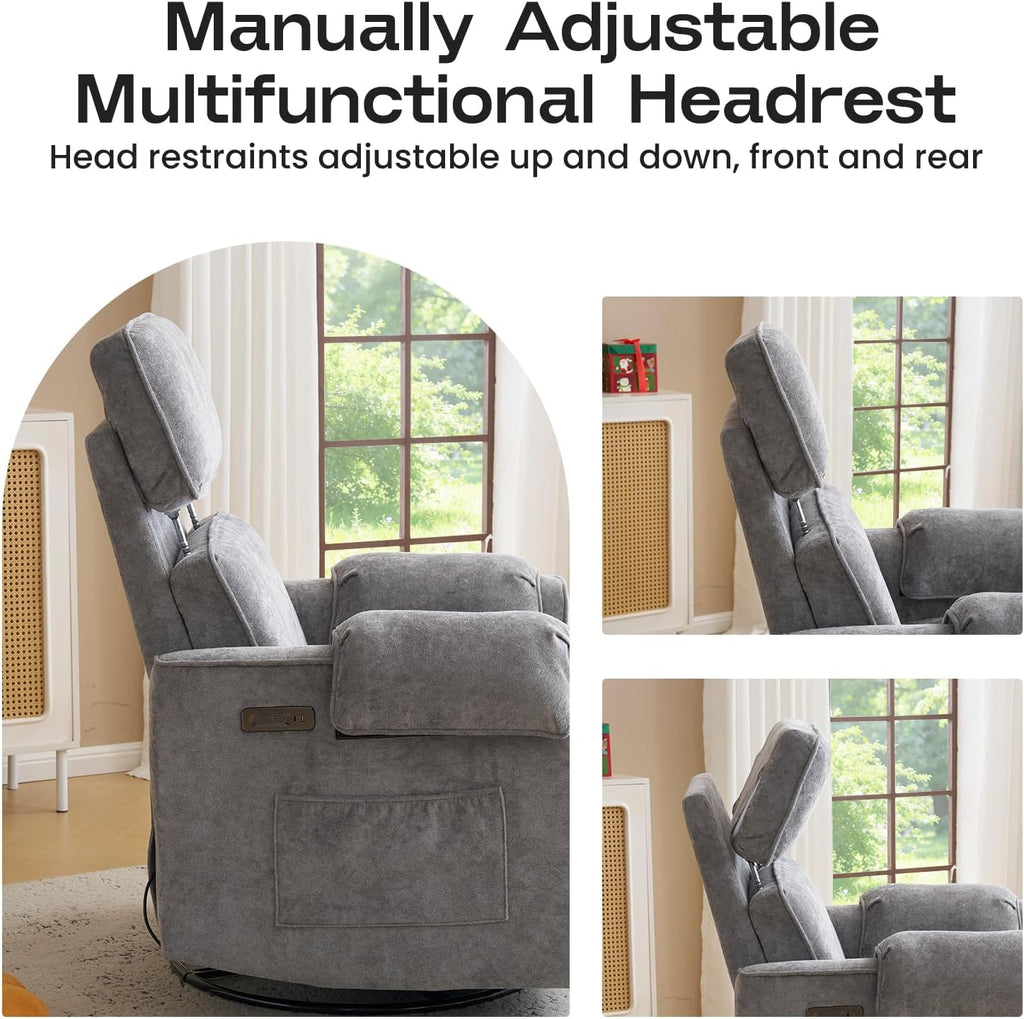 Oversized Power Recliner Chair with Adjustable Headrest, Swivel Rocking Recliner for Adults, 26' Extra Wide Glider Nursery Chair with Overstuffed Armrest for Living Room, USB Ports, Grey