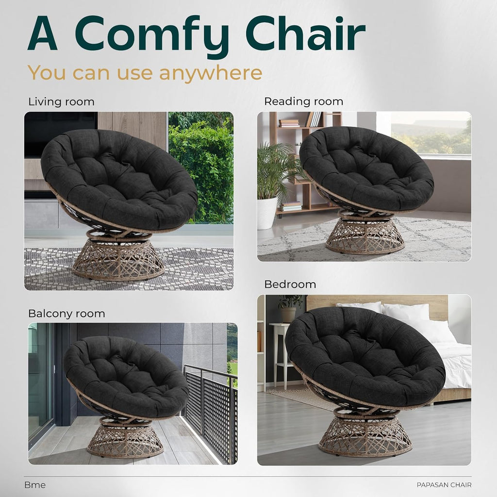 Bme 40' Ergonomic Wicker Papasan Chair with Soft Thick Density Fabric Cushion, High Capacity Steel Frame, 360 Degree Swivel for Living, Bedroom, Reading Room, Lounge, Onyx Stone - Brown Base