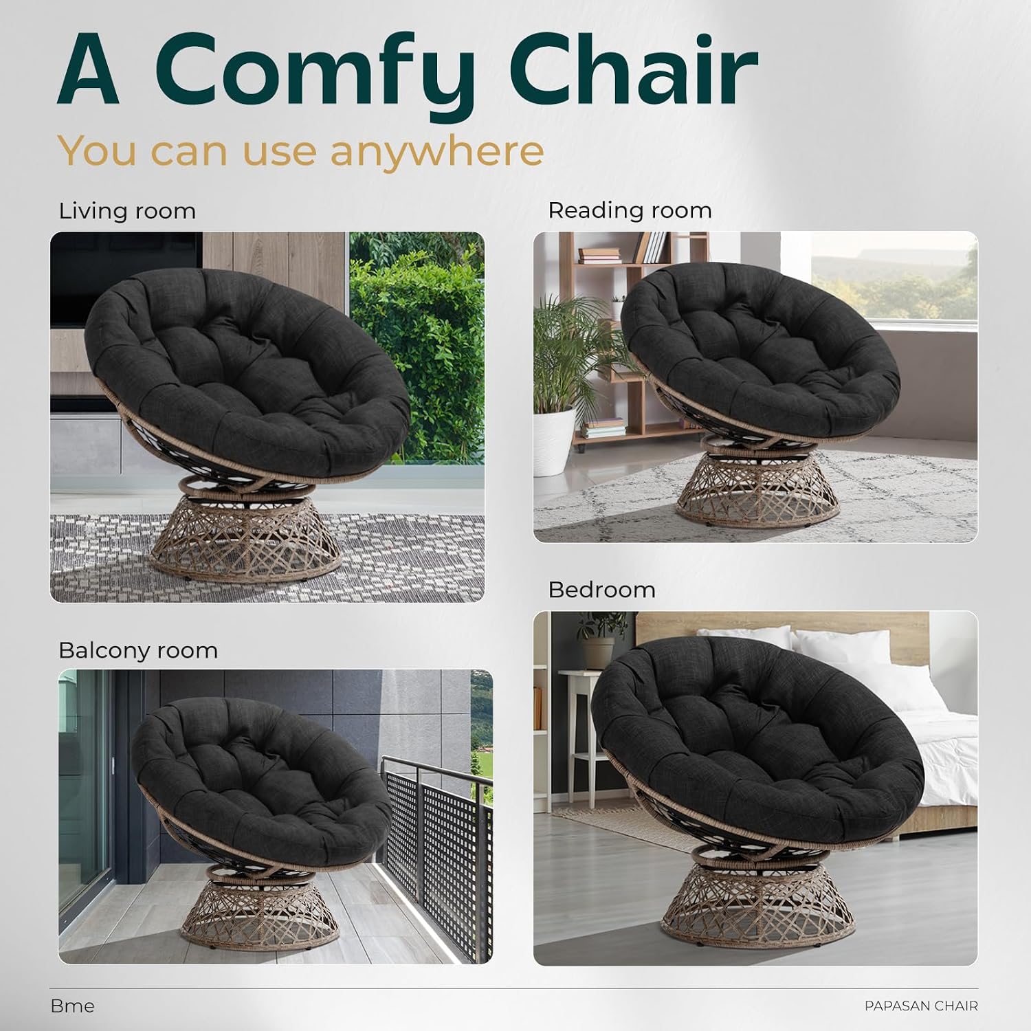 Bme 40' Ergonomic Wicker Papasan Chair with Soft Thick Density Fabric Cushion, High Capacity Steel Frame, 360 Degree Swivel for Living, Bedroom, Reading Room, Lounge, Onyx Stone - Brown Base