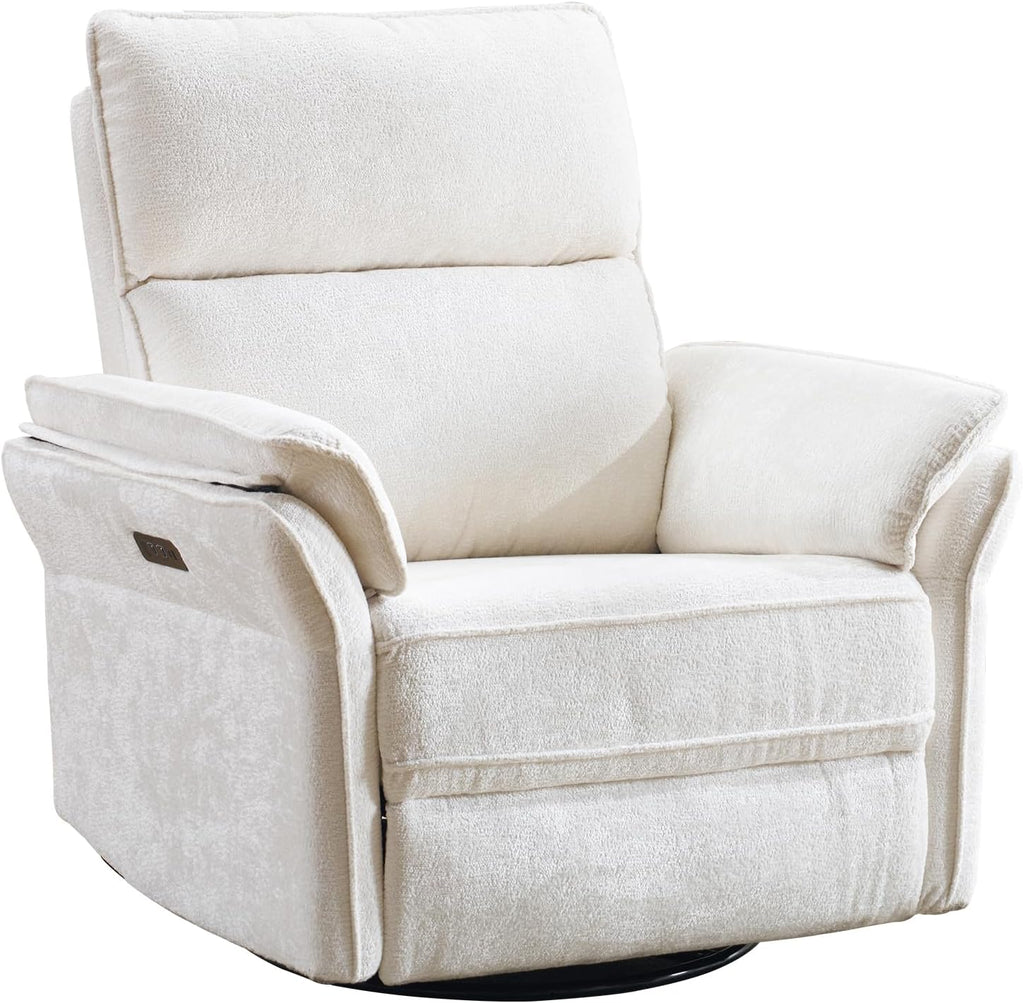 Power Swivel Rocker Recliner, Glider Recliner Nursery Chair with Massage and Heat, Nursery Rocking Chairs with Adjustable Headrest for Living Room，USB Ports,Side Pockets,Chenille White