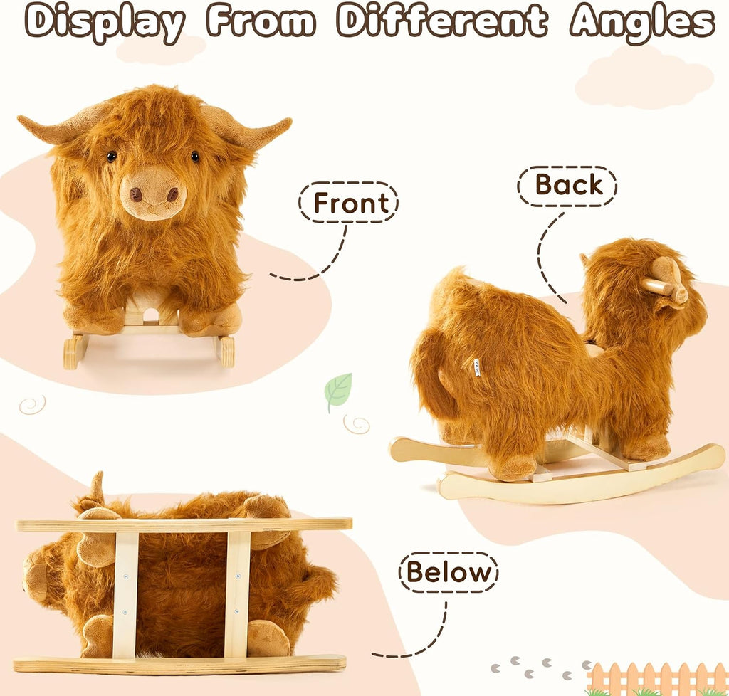 Baby Rocking Horse,Highlander Cattle Wooden Rocking Horse for Toddlers 1 Year Old Cute Cow Stuffed Plush Ride-on Toy Rocking Animal for Baby Boys and Girls Nursery/Child Christmas or Birthday Gift