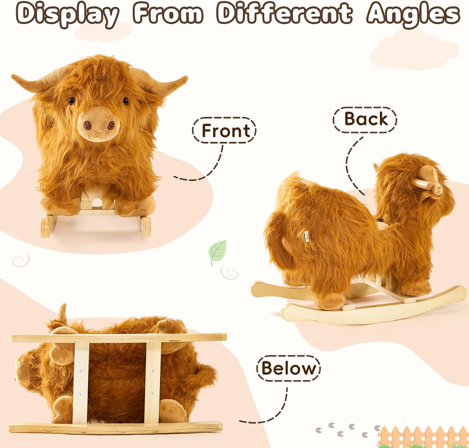 Baby Rocking Horse,Highlander Cattle Wooden Rocking Horse for Toddlers 1 Year Old Cute Cow Stuffed Plush Ride-on Toy Rocking Animal for Baby Boys and Girls Nursery/Child Christmas or Birthday Gift
