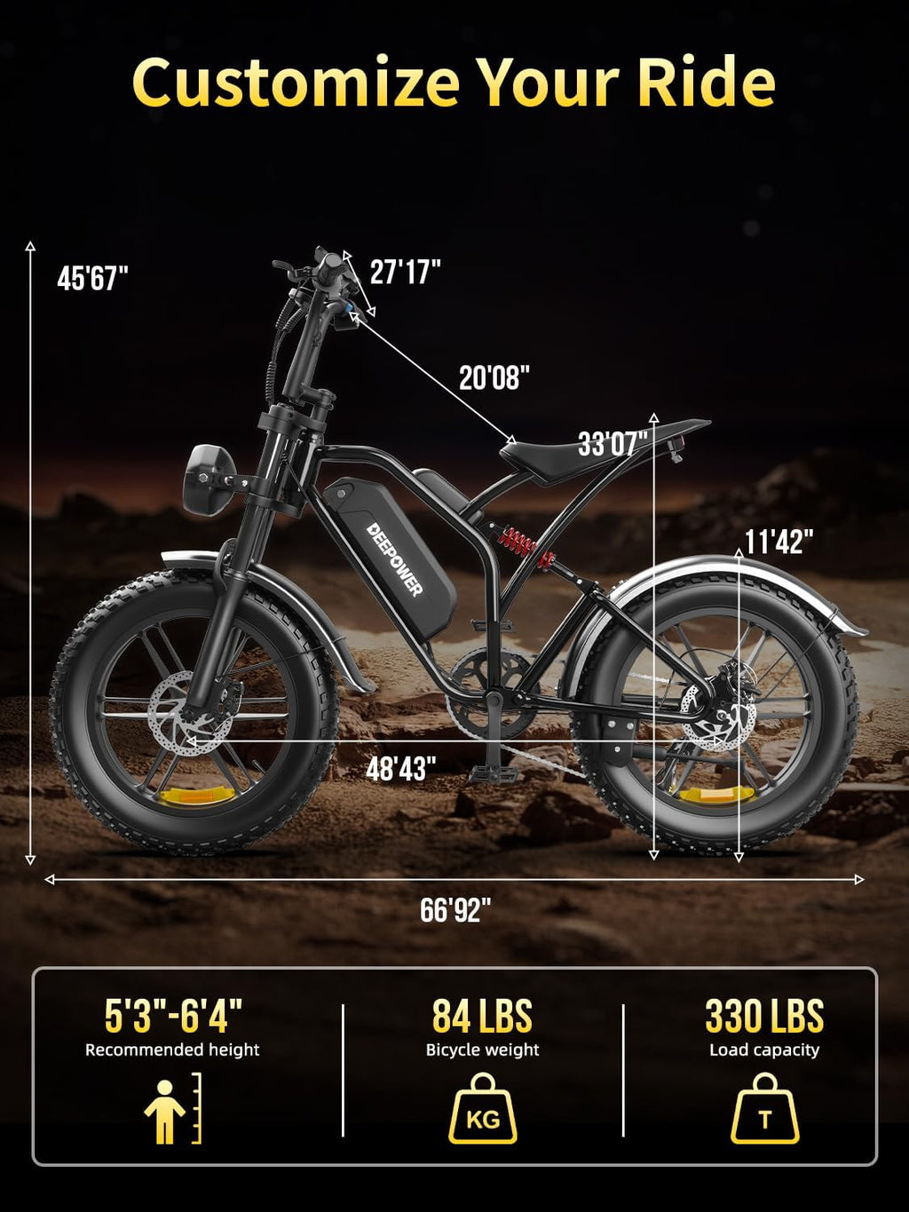 Rideon Electric Bike for Adults,1500W Peak Motor Ebike, Up to 60Miles 32MPH, Fat Tire Electric Bike with 48V 13AH Removable Battery (S20-13AH-1500w)