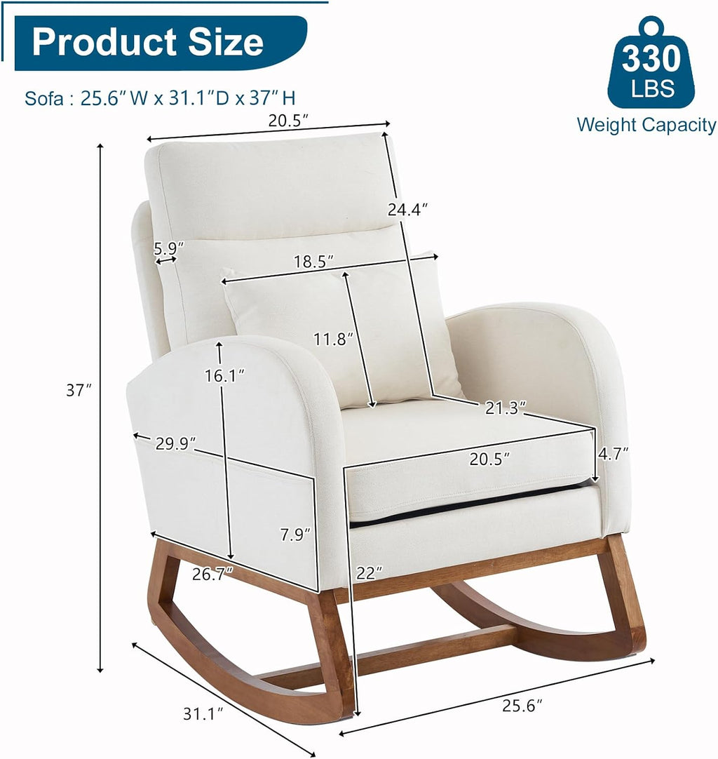 VINGLI Beige Linen Rocking Chair Nursery with Thick Headrest, Upholstered Mid-Century Modern Nursing Rocker Glider with Curved Armrest, Sturdy Solid Wood Base for Living Room, Bedroom, Baby Room