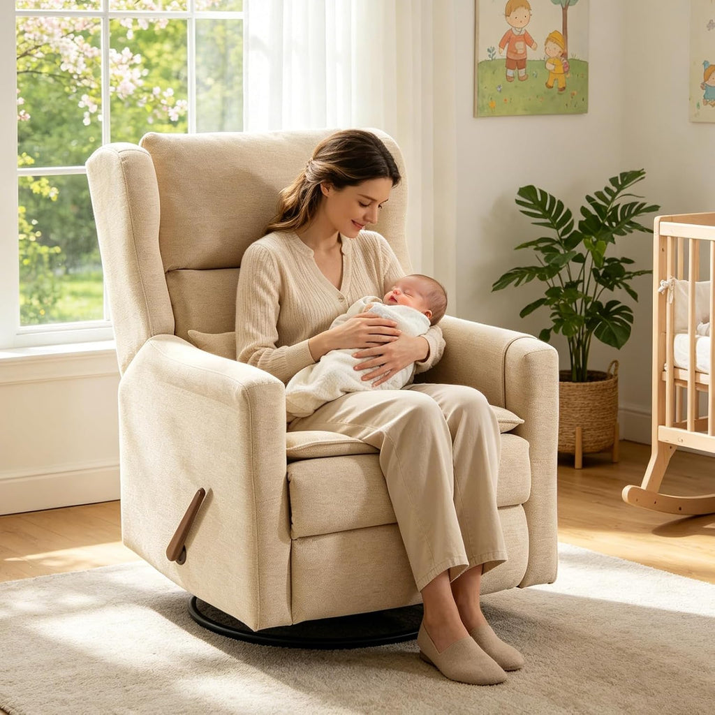 Large Glider Rocker Recliner,Rocking Chair Nursery with Adjustable Headrest,Swivel Rocker Recliner with Lumbar Support,Manual Nursery Rocker Recliner for Living Room& Bedroom,Chenille Beige