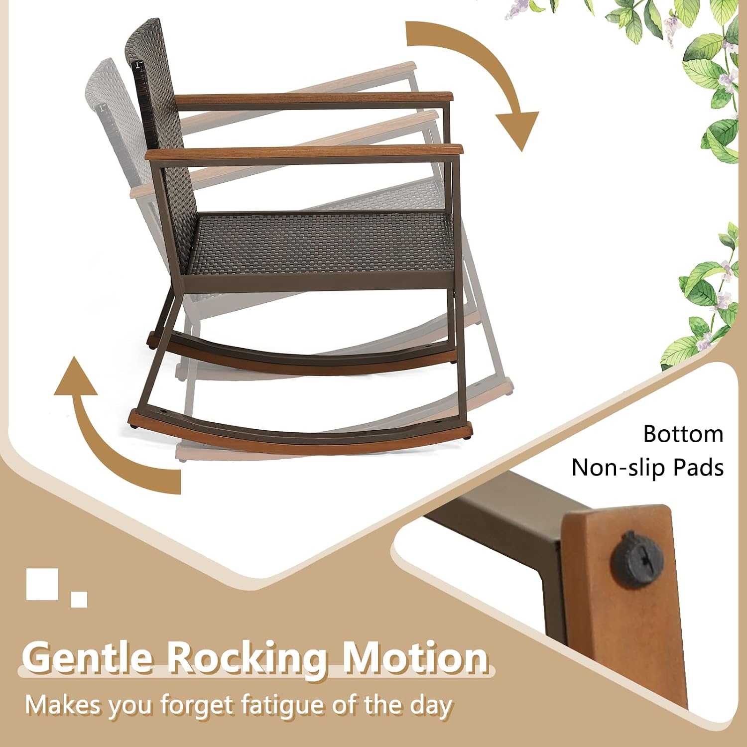 Tangkula 3 Pieces Rocking Bistro Set, Outdoor Rocker Chair with Coffee Table & Cushions, Patio Rattan Furniture Conversation Set for Balcony Porch Poolside (Off White)