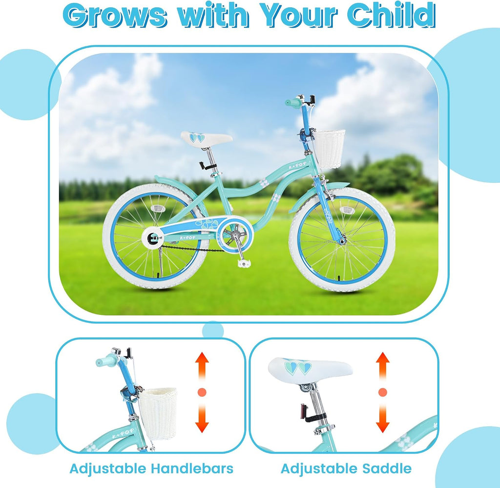 Girls Bike with Basket for 4-12 Years Old Kids, 16 20 Inch Kids Bicycle, 16 Inch Girls Bikes with Training Wheels and Kickstand, 20 Inch Bike with Kickstand, Adjustable Seat, Multiple Colors