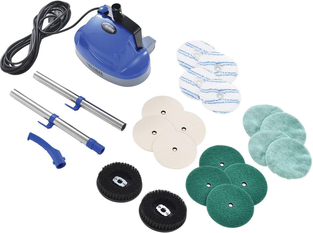 Global Industrial Mini Floor Scrubber With Floor Pads, 11' Cleaning Path, Dual Nylon Scrub Brushes, Cleans & Polishes Tile, Wood, Marble and other Hard Floors